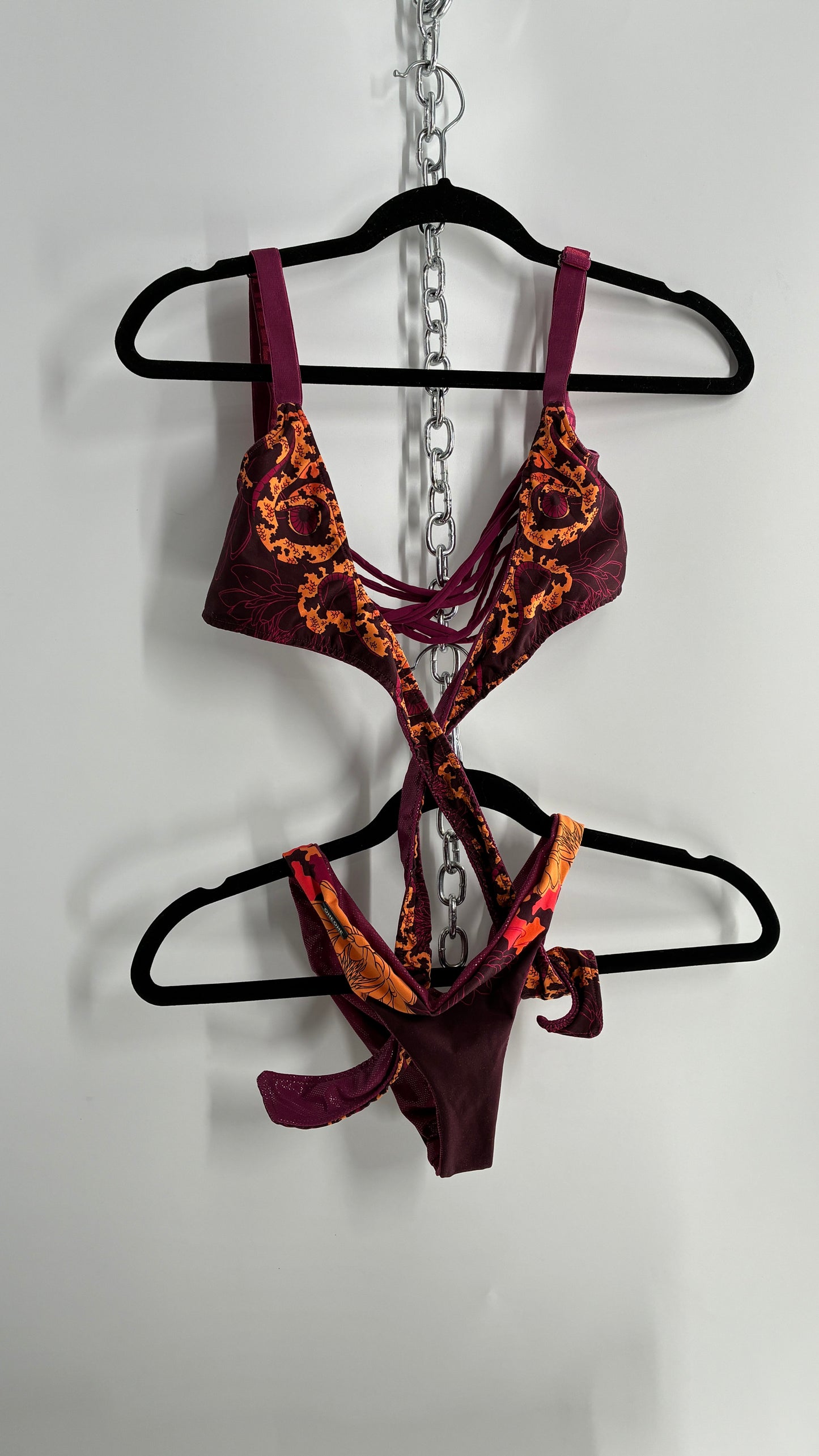 Vintage ONEONE Reversible Dragon, Sequin Ruched Tanga, Tie Around Swim Suit (Small)