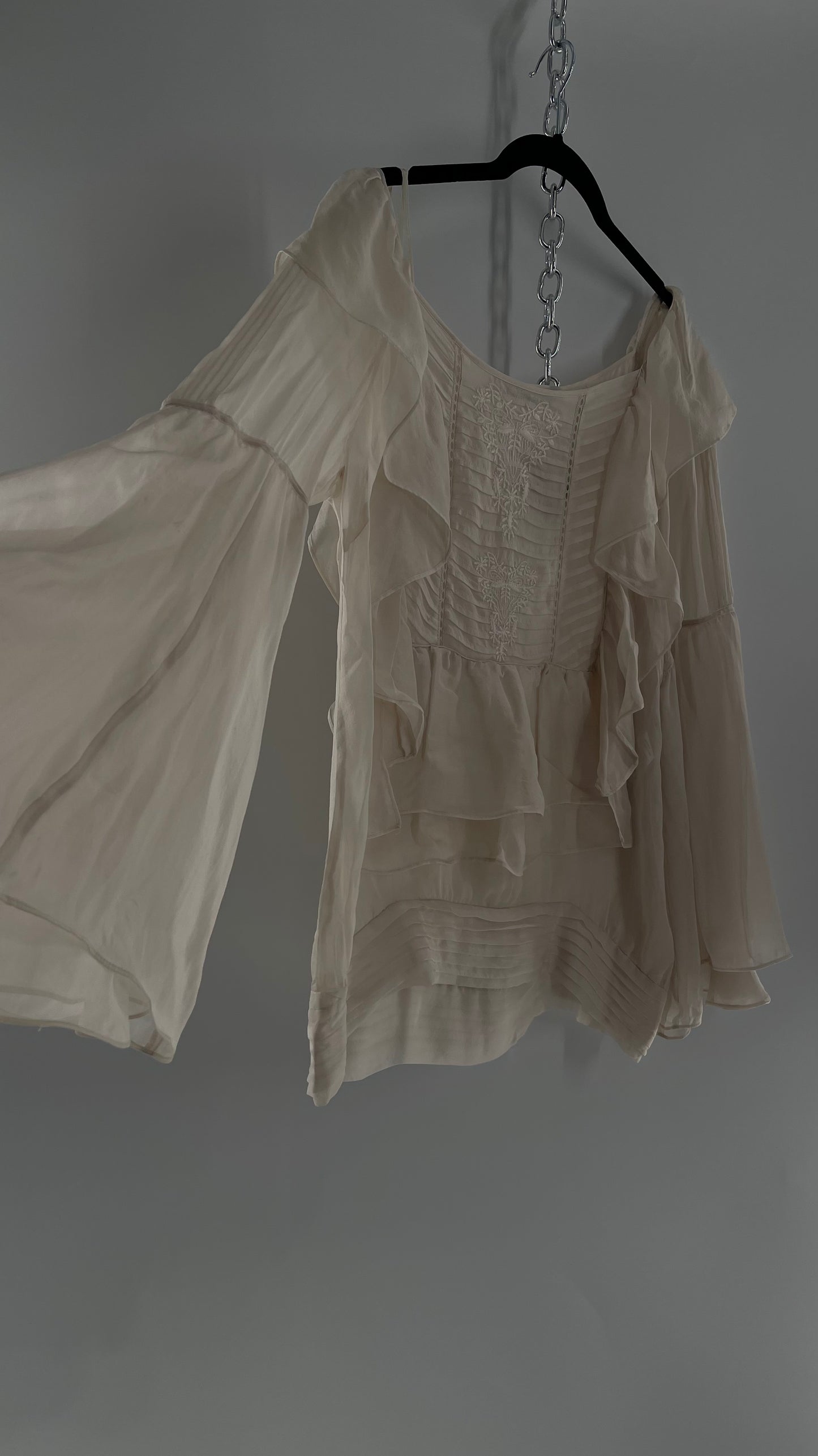 ZARA Ruffled and Embroidered Bell Sleeve Blouse (Large)