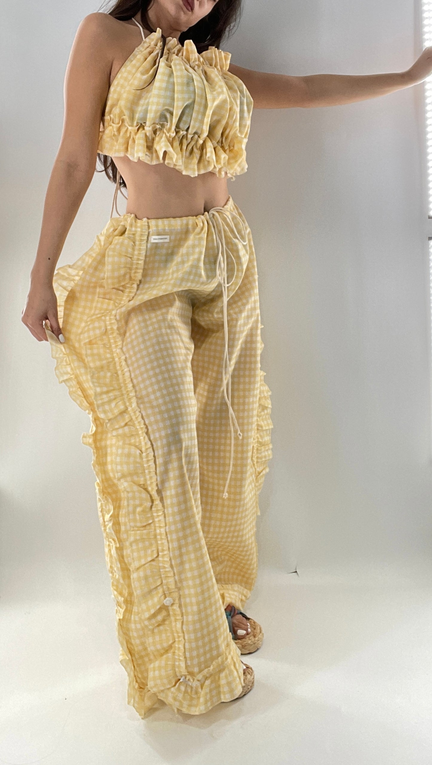 Vintage 2 Piece Yellow Checkered/Gingham Patterned Picnic Set with Ruched Bust Top and Ruffle Side Wide Legs with Adjustable Length, Strap Up Buttons on Hem (One Size)