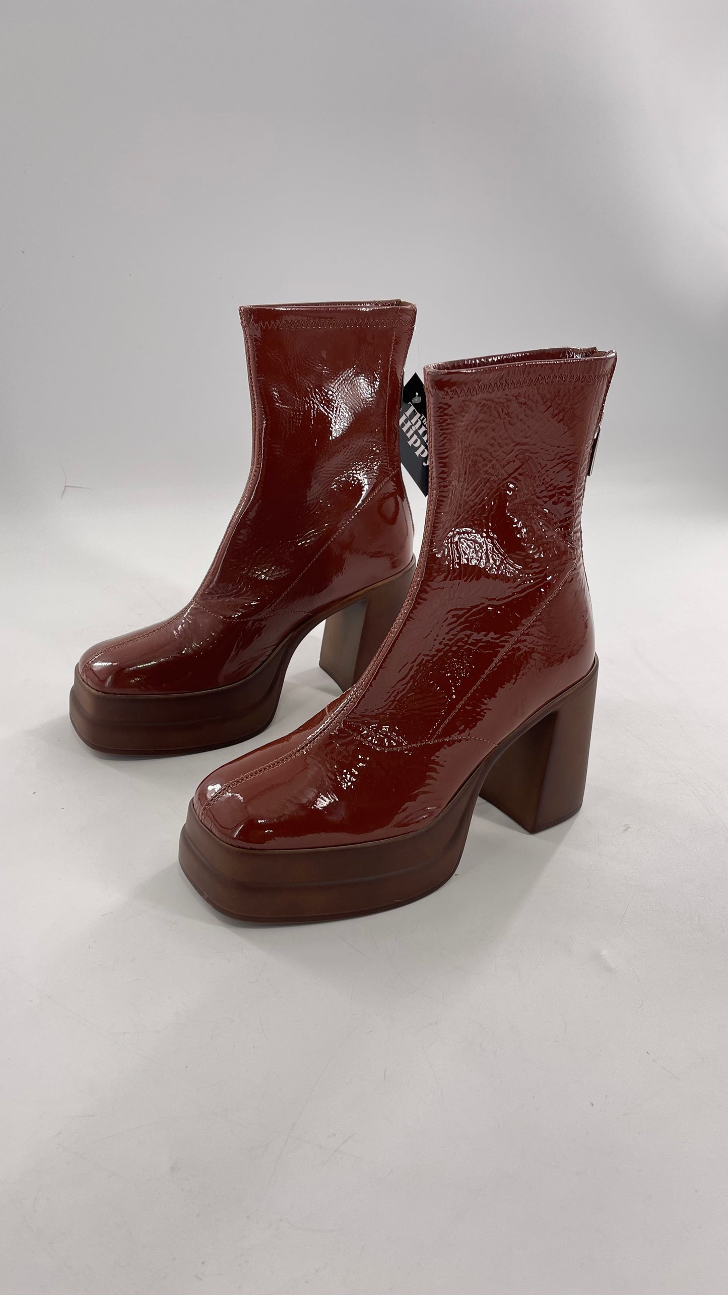 Free People Double StackedGlossy Patent Chestnut Brown Platform Boots with Chunky Heels (37.5)