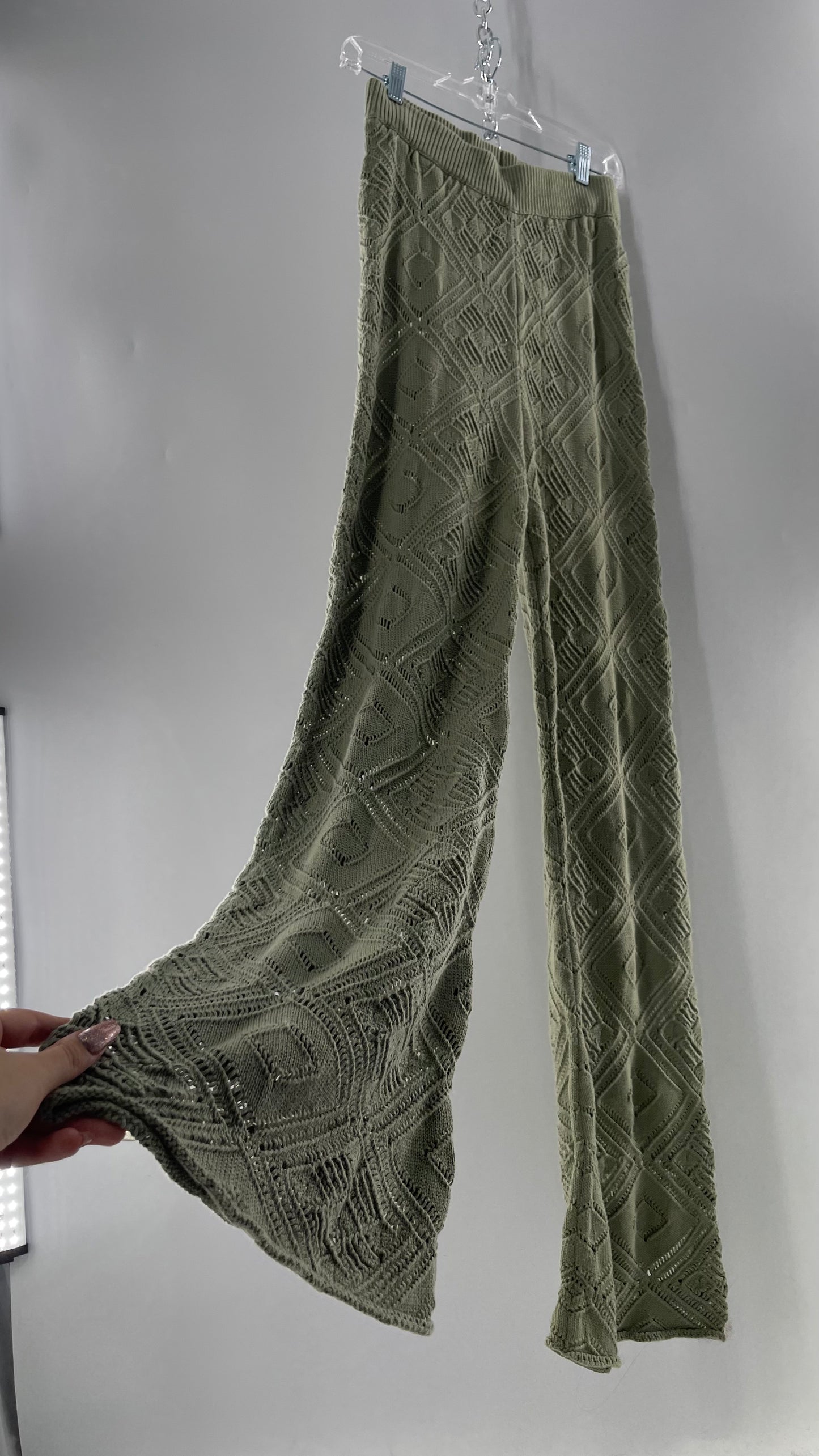 Free People Beach Sage Green Crochet Wooden Button Front Cardigan and Wide Leg Set (Medium)