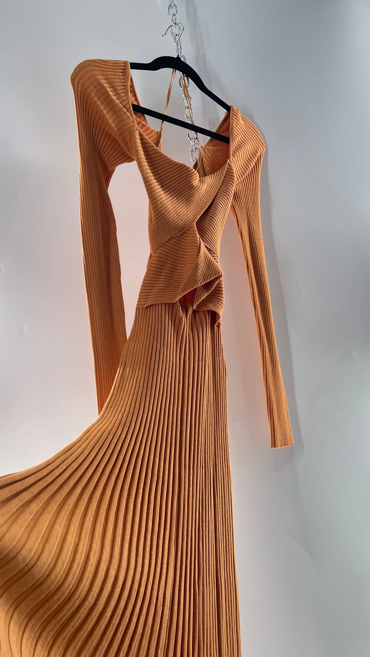 Free People Orange Ribbed Knit Maxi Dress with Cross Over Exposed Midriff Dress (Medium)