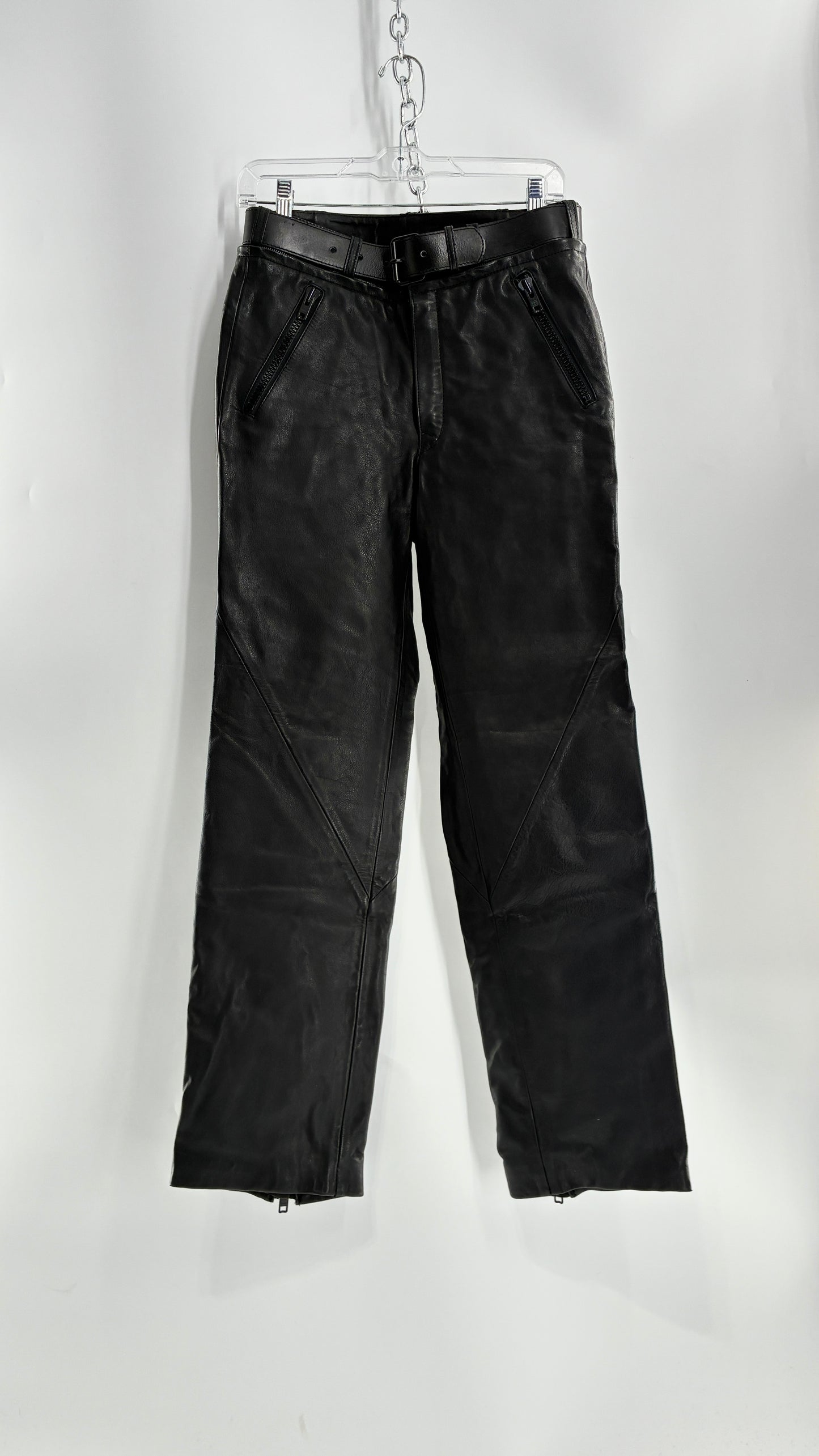 Vintage Black Italian Leather Motorcycyle Pants with Built In Belt and Zipper Detailing (XS)