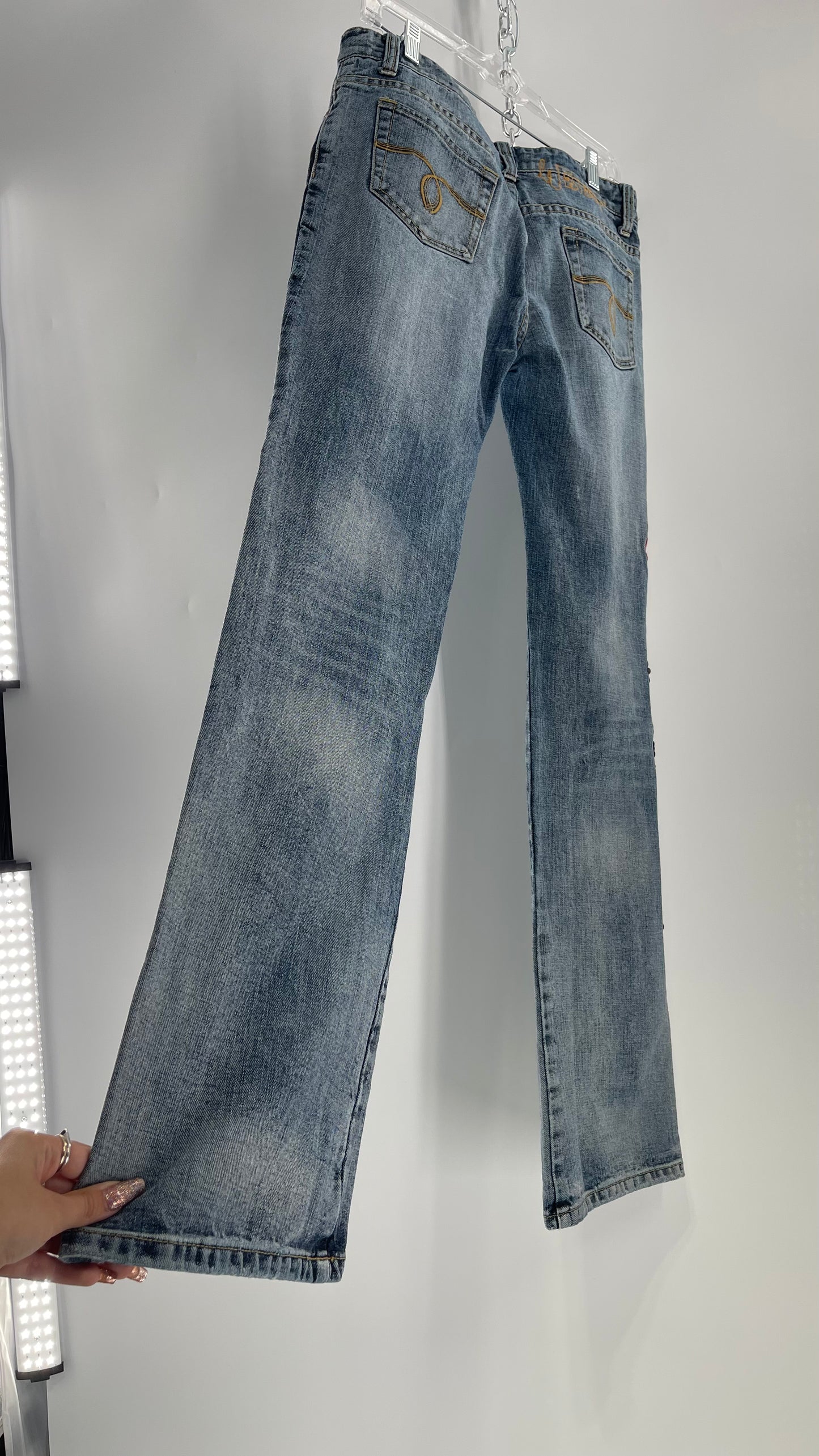 Western Denim Bank Light Wash Straight Legs with Gold/Bronze Metal Studs and Jewels (29)