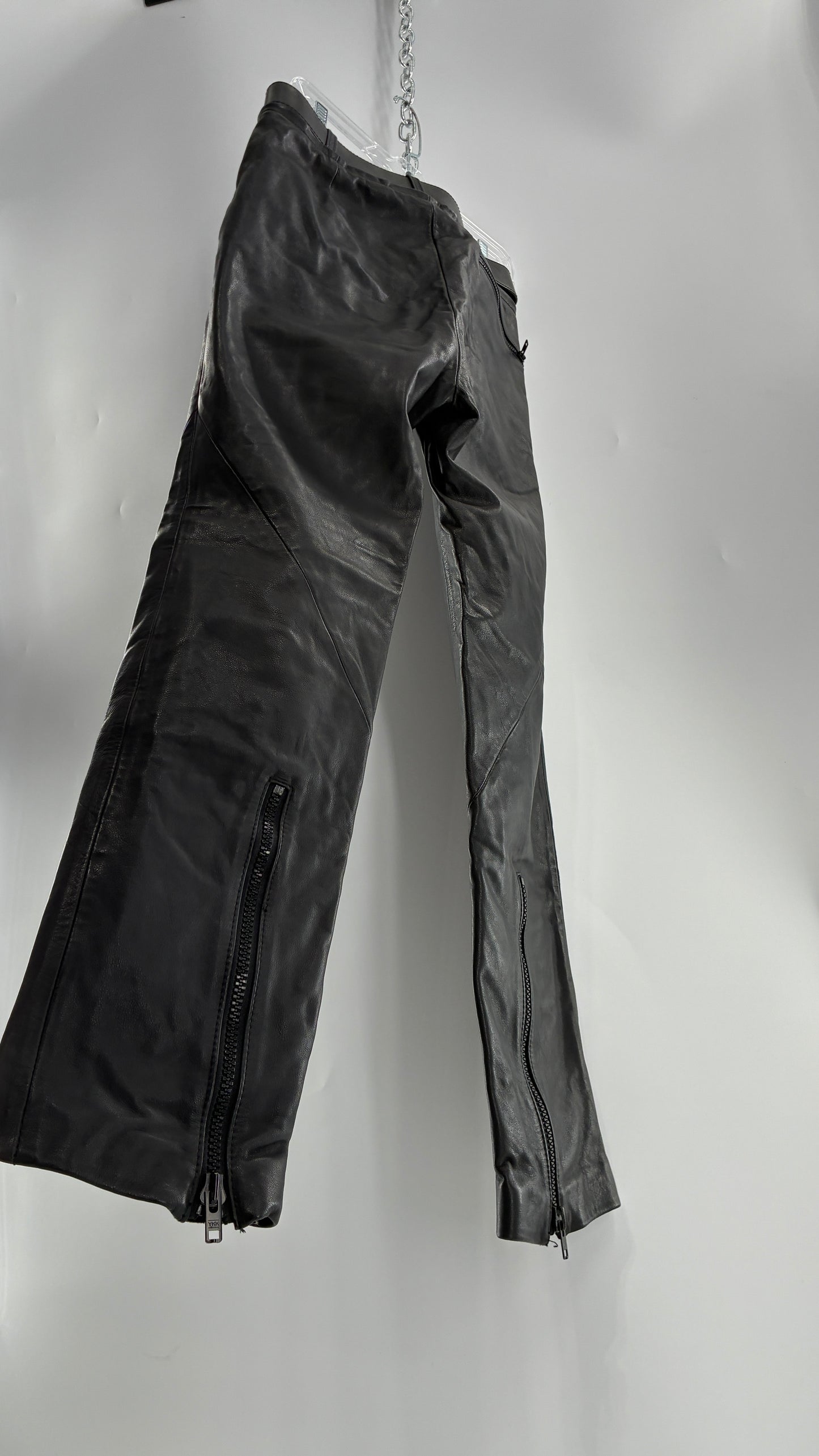 Vintage Black Italian Leather Motorcycyle Pants with Built In Belt and Zipper Detailing (XS)