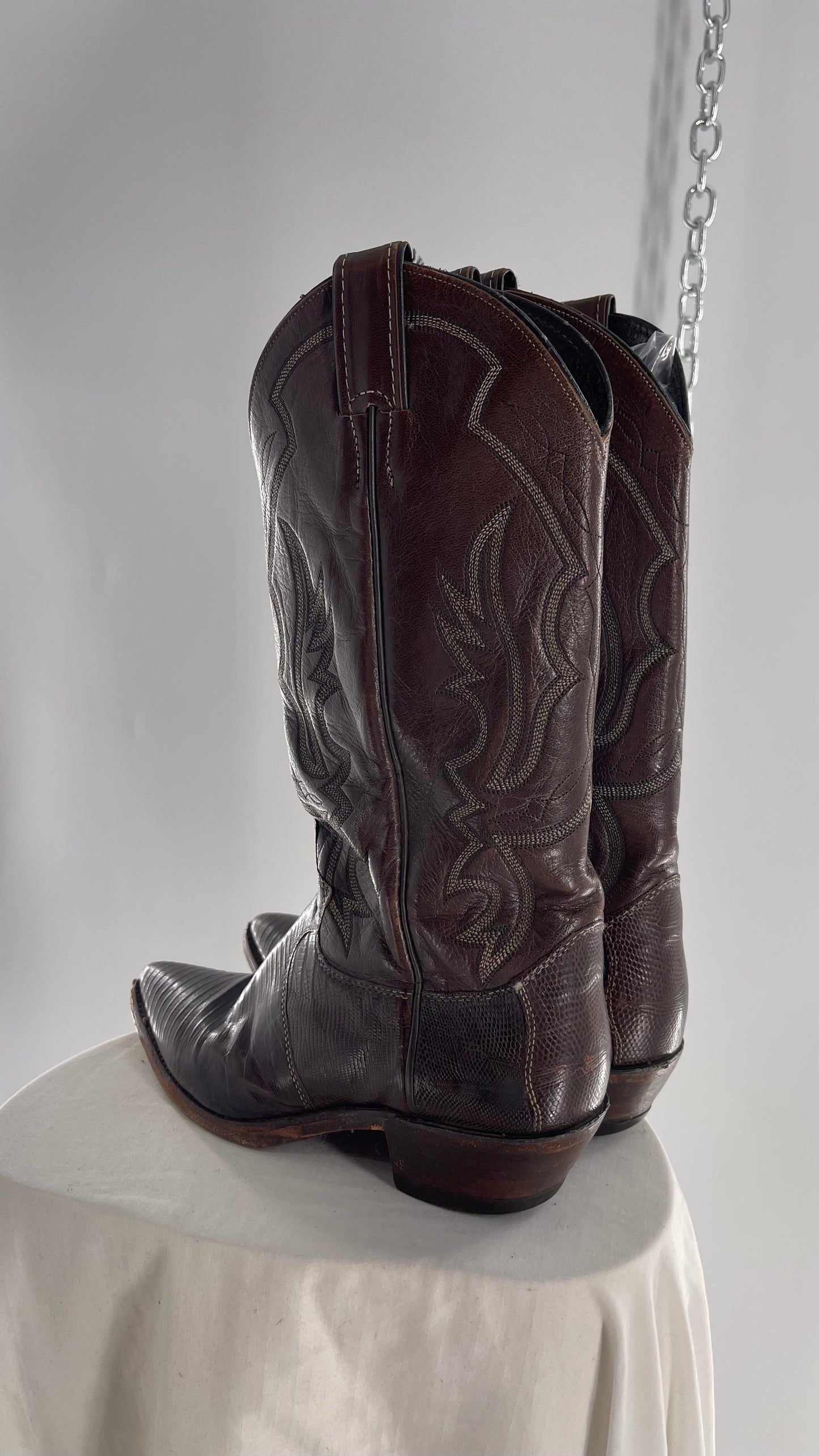 Vintage JUSTIN Dark Brown Leather/Lizard Pointed Toe Cowboy Boots Worn In (7.5)