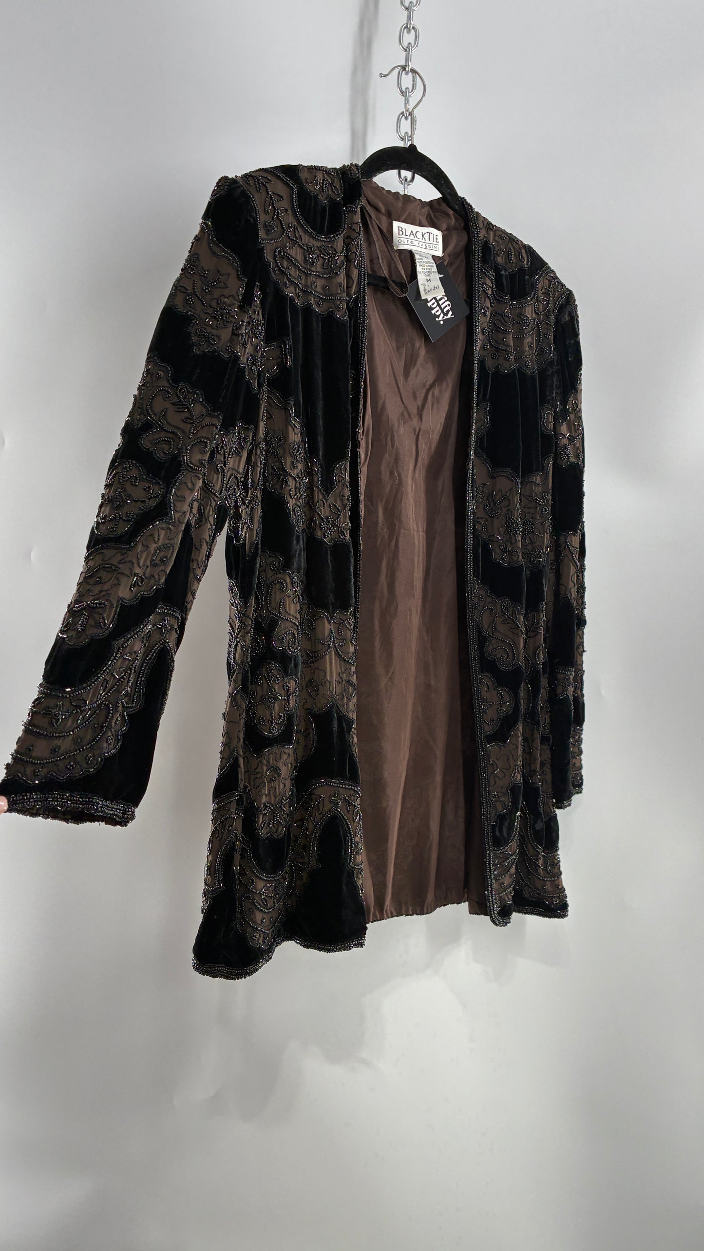 Vintage OLEG CASINI 100% Silk Velour Heavily Beaded Coat (Medium)