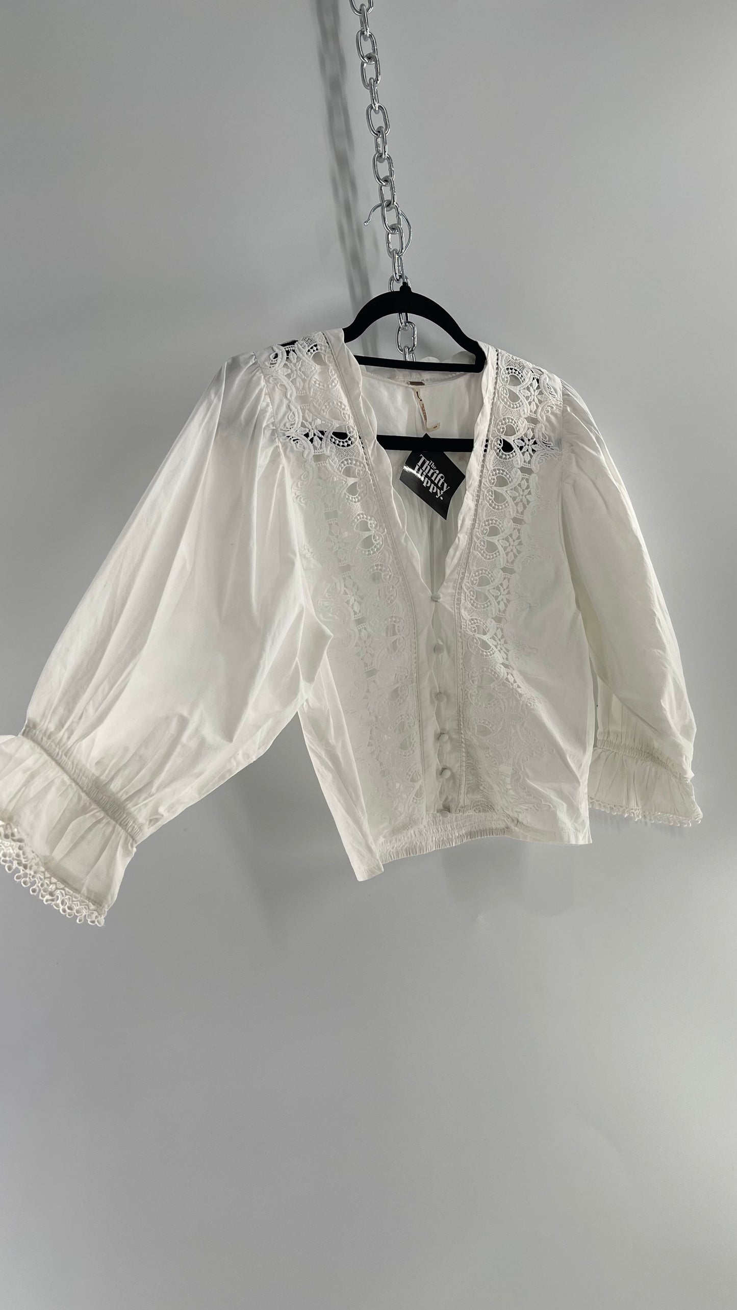 Free People White Puff Sleeve Prairie Blouse with Lace Details (Small)