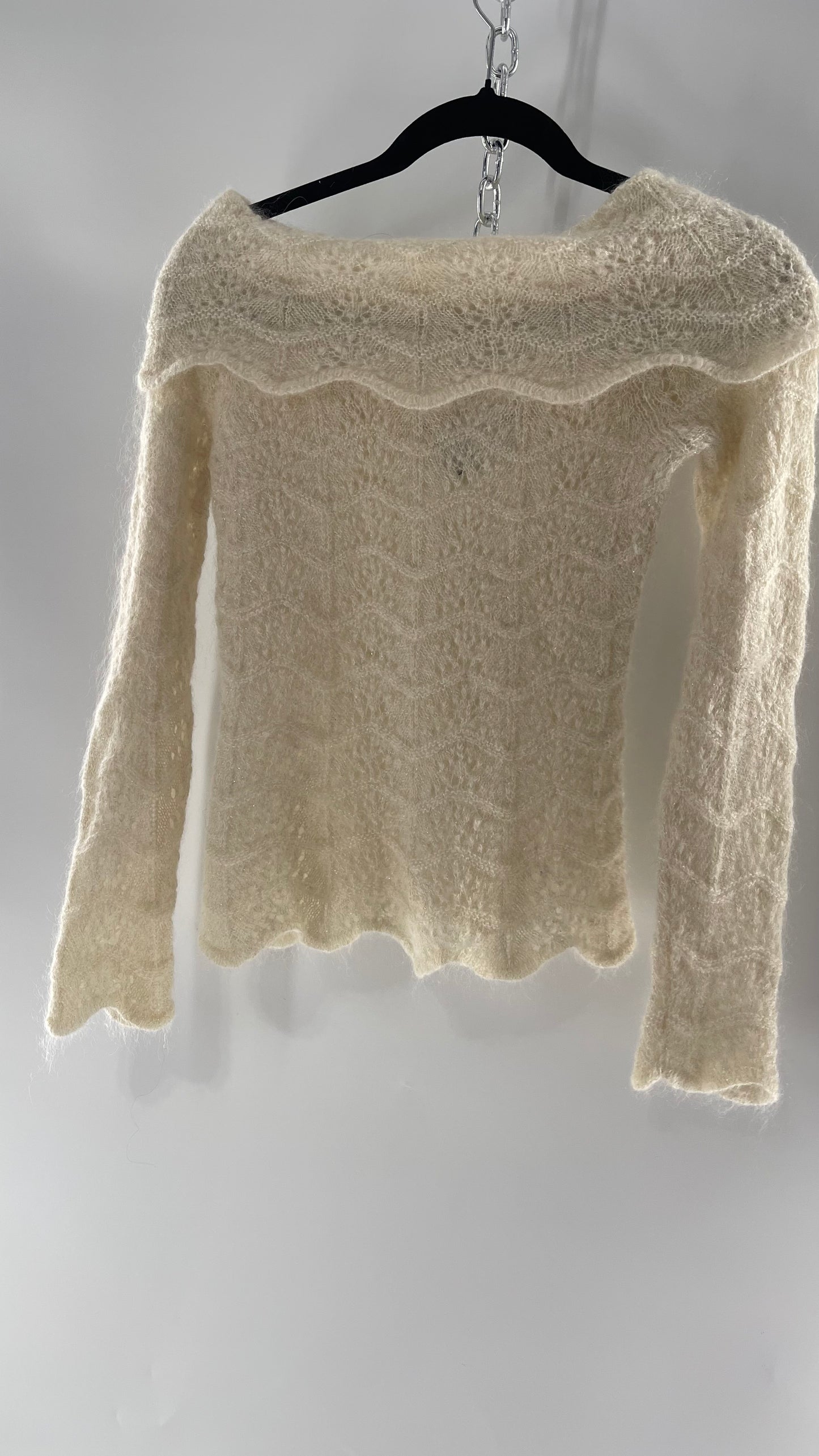 Vintage Ivory Off White Lace Knit Off the Shoulder Sweater Top (Medium)