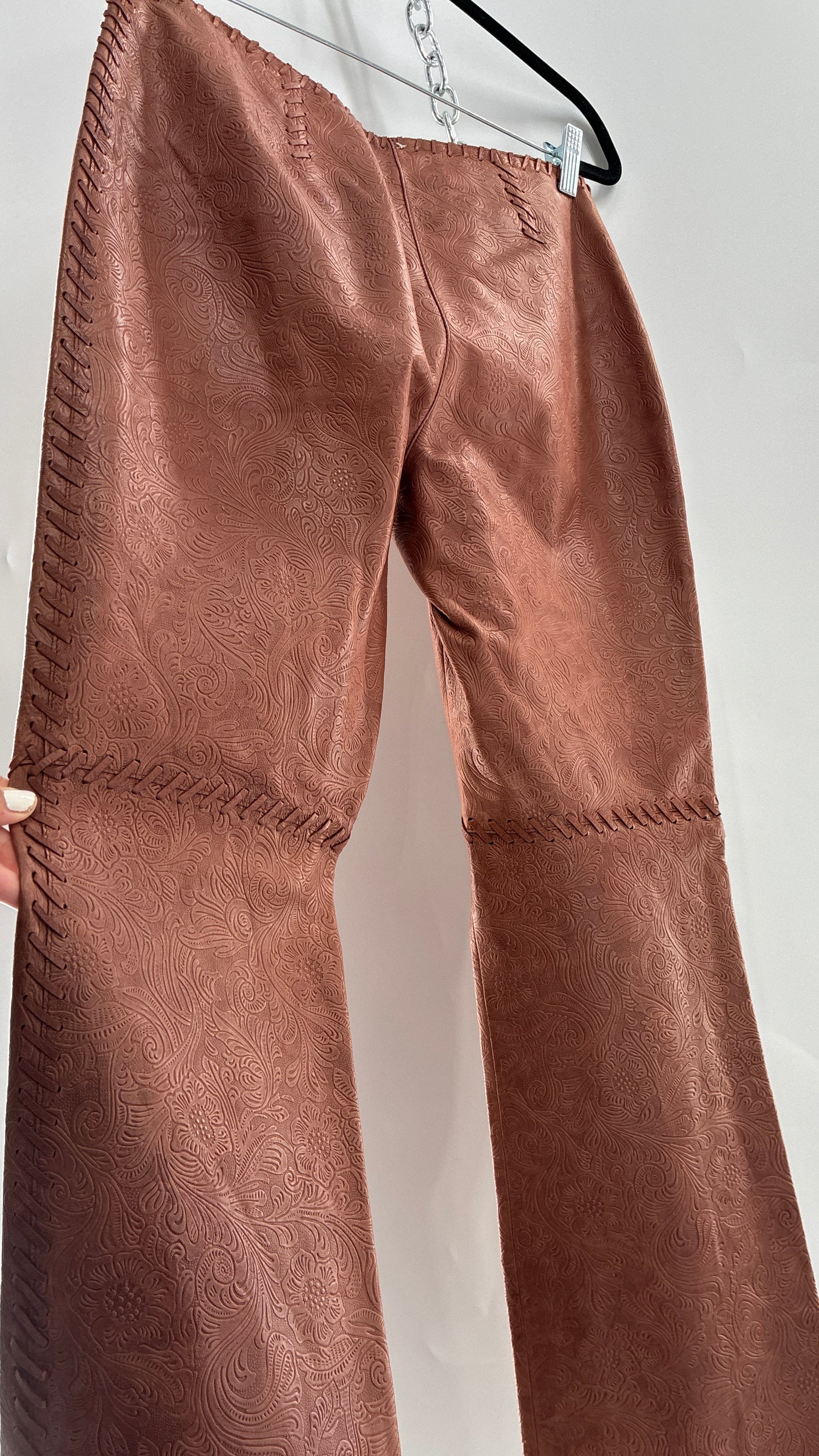 Vintage Embossed Paisley Patterned Genuine Leather Pants with Stitching Details (No Label Unbranded, S)