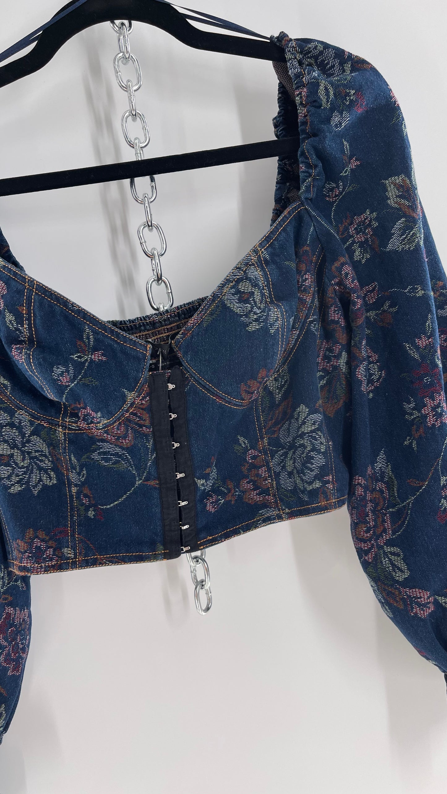 Urban Outfitters Denim Cropped Corset Grommet Balloon Sleeve Blouse (Large)