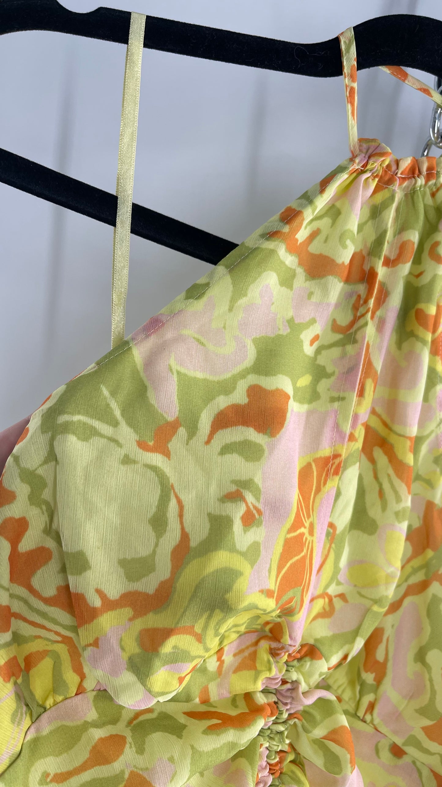 Free People Lime Green and Yellow Ruched Blouse with Cut Out Bust, Adjustable Scrunched Torso and Tie Neck Tank (Large)