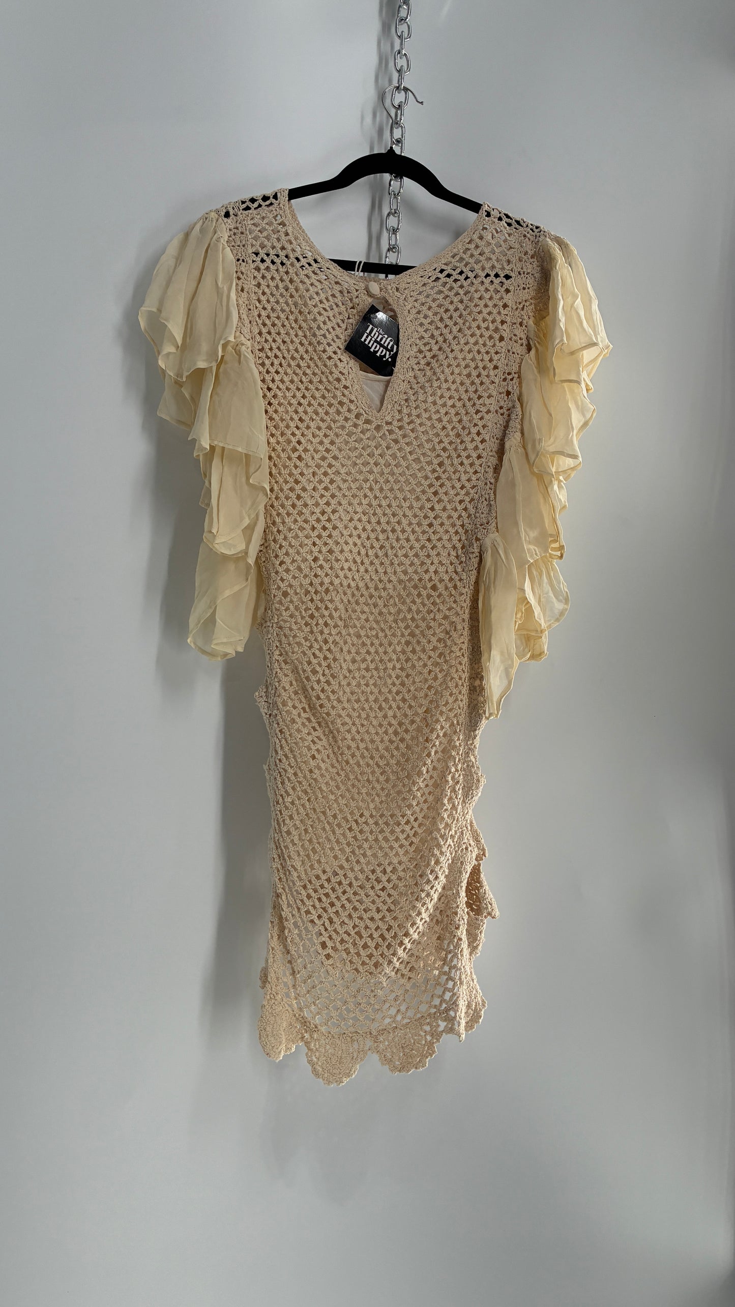 Free People Crochet Scalloped Open Side Dress with Ruffled Sleeve Details (S)