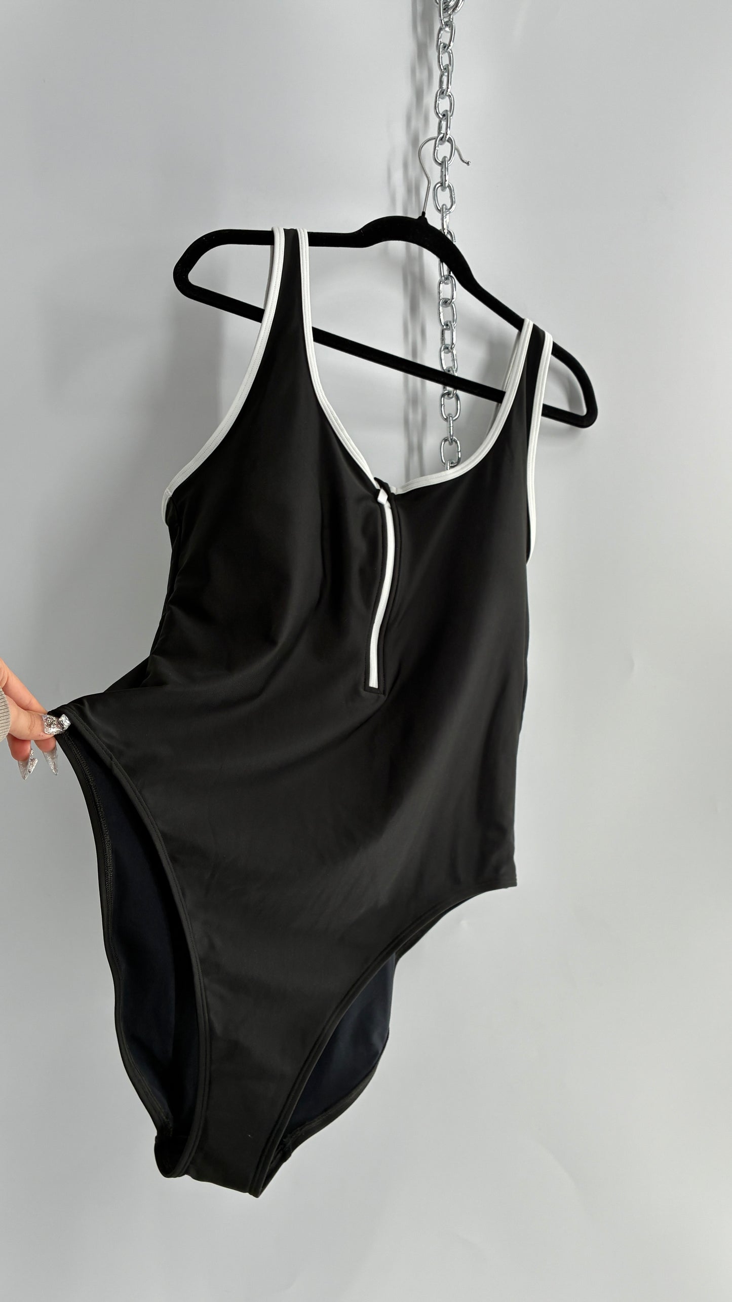 OLD NAVY Black Thick Zip Front Bathing Suit with Contrast White Piping and Tags Attached (XXL)