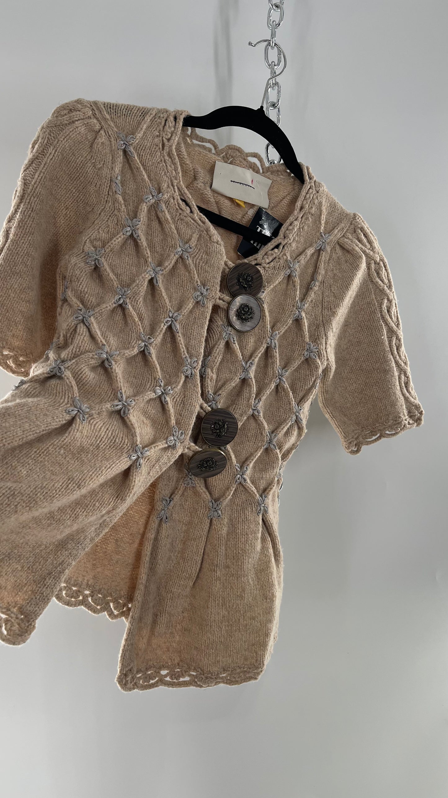 Anthropologie Leifsdottir Knit Argyle Embroidered Sweater with Oversized Statement Buttons (XS)