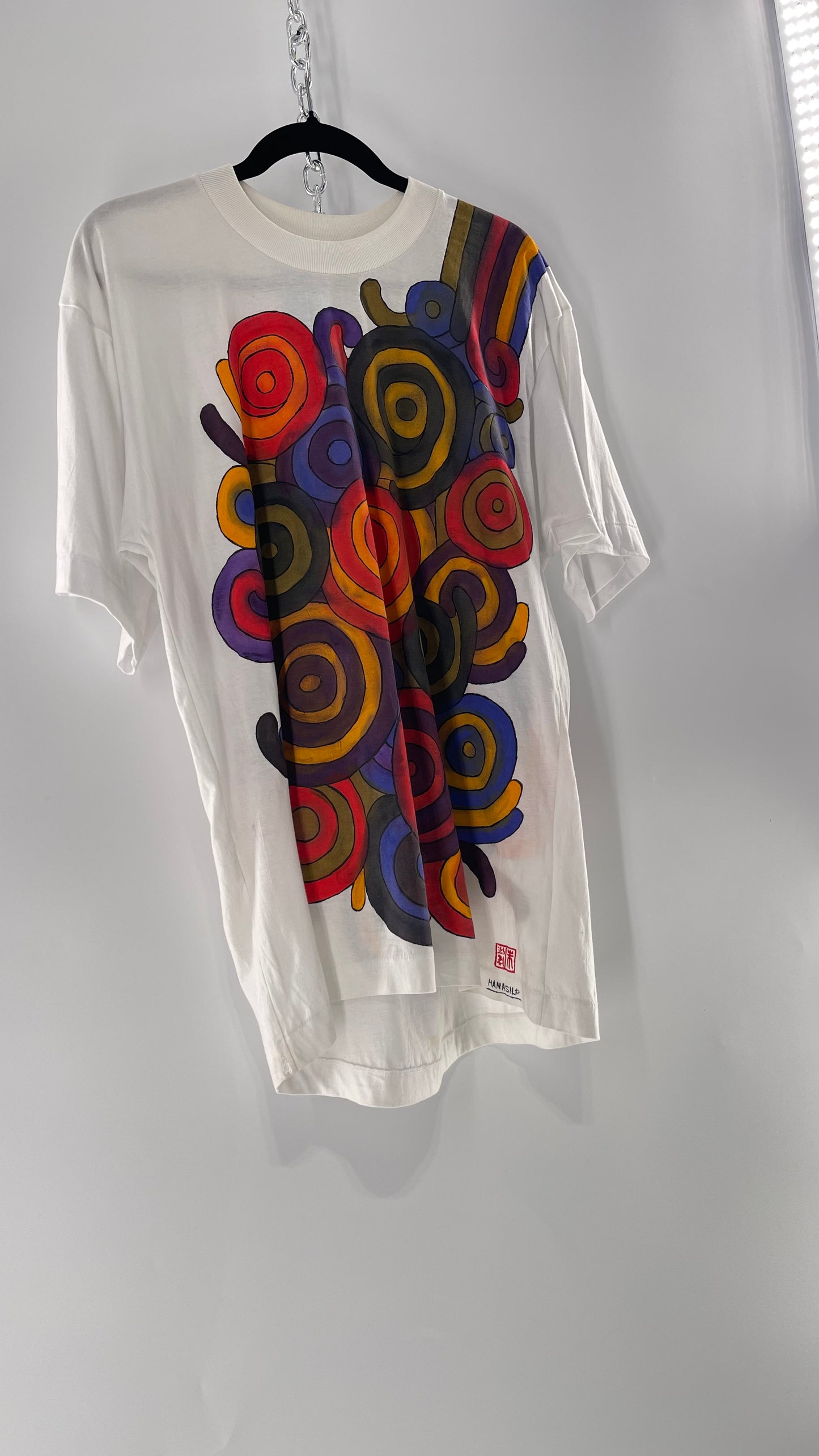 Vintage MANASLIP Hand Painted Swirls 80s T (C)(44)
