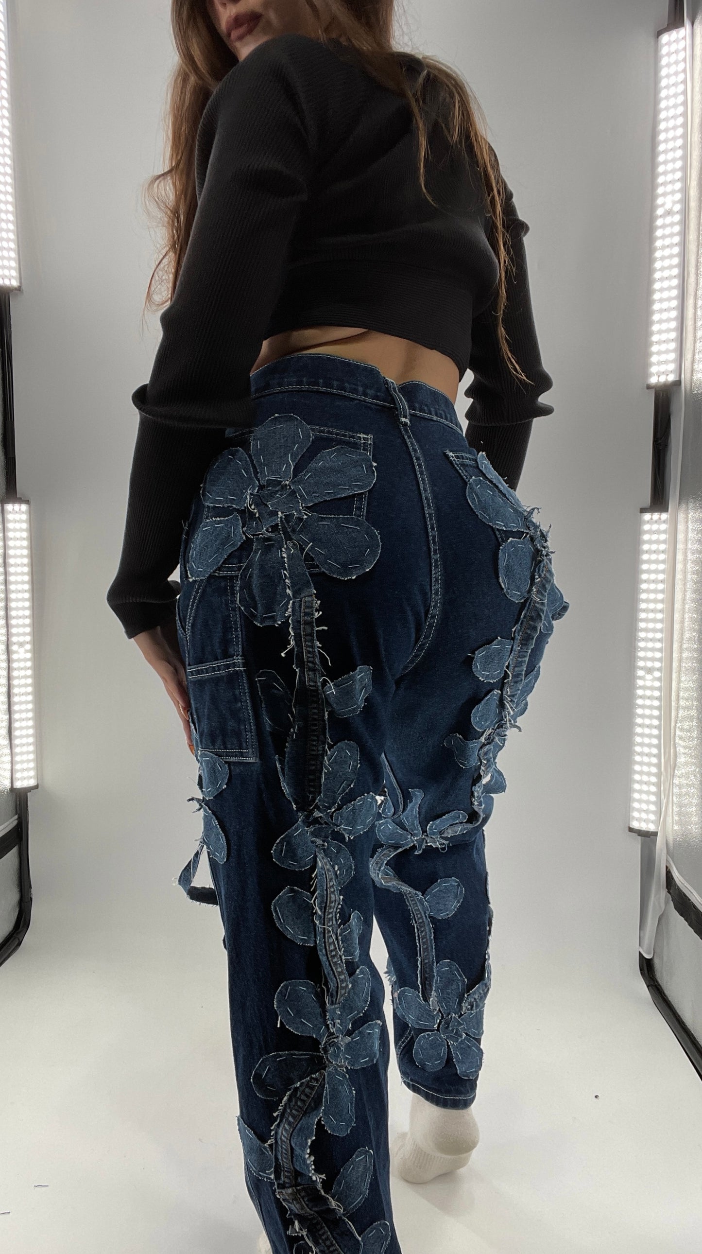 Handmade CUSTOM Dual Denim Tone Floral Vine Cargo Denims (S)