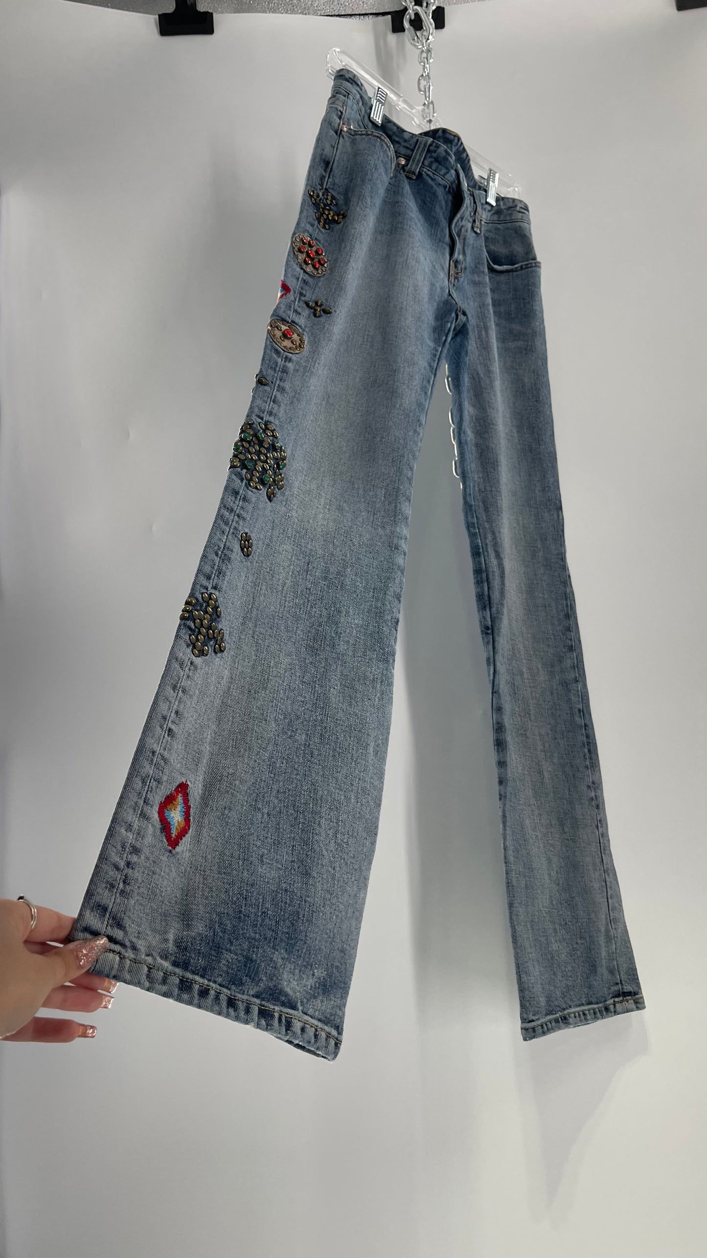 Western Denim Bank Light Wash Straight Legs with Gold/Bronze Metal Studs and Jewels (29)