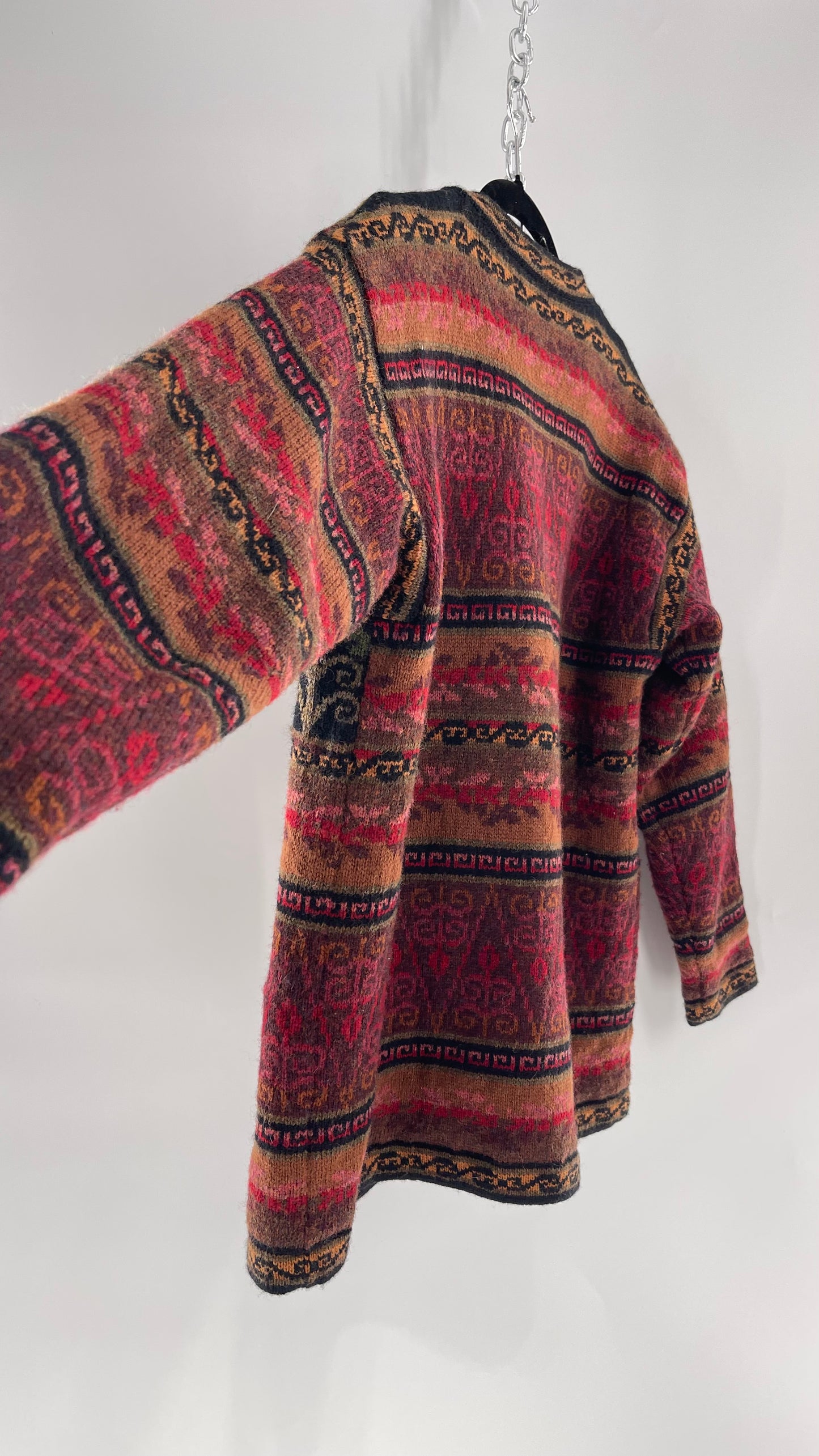 Vintage Iceland Design Wool Jacket with Brass Embossed Buttons and Folk Floral Patterning(C)(Medium)
