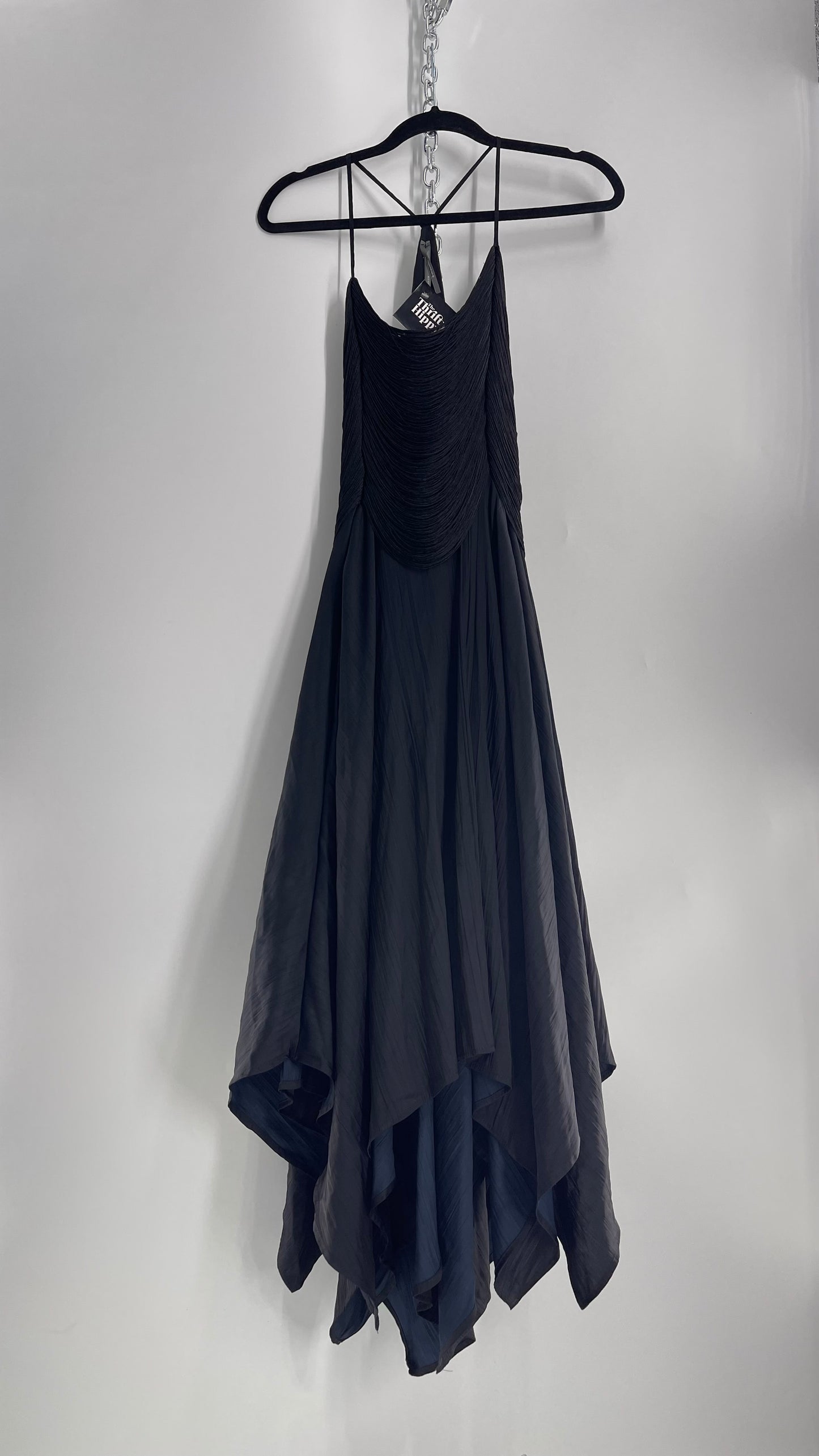 Anthropologie Black Handkerchief Hem Midi Dress with Heavy Draped Rope Bodice (4)