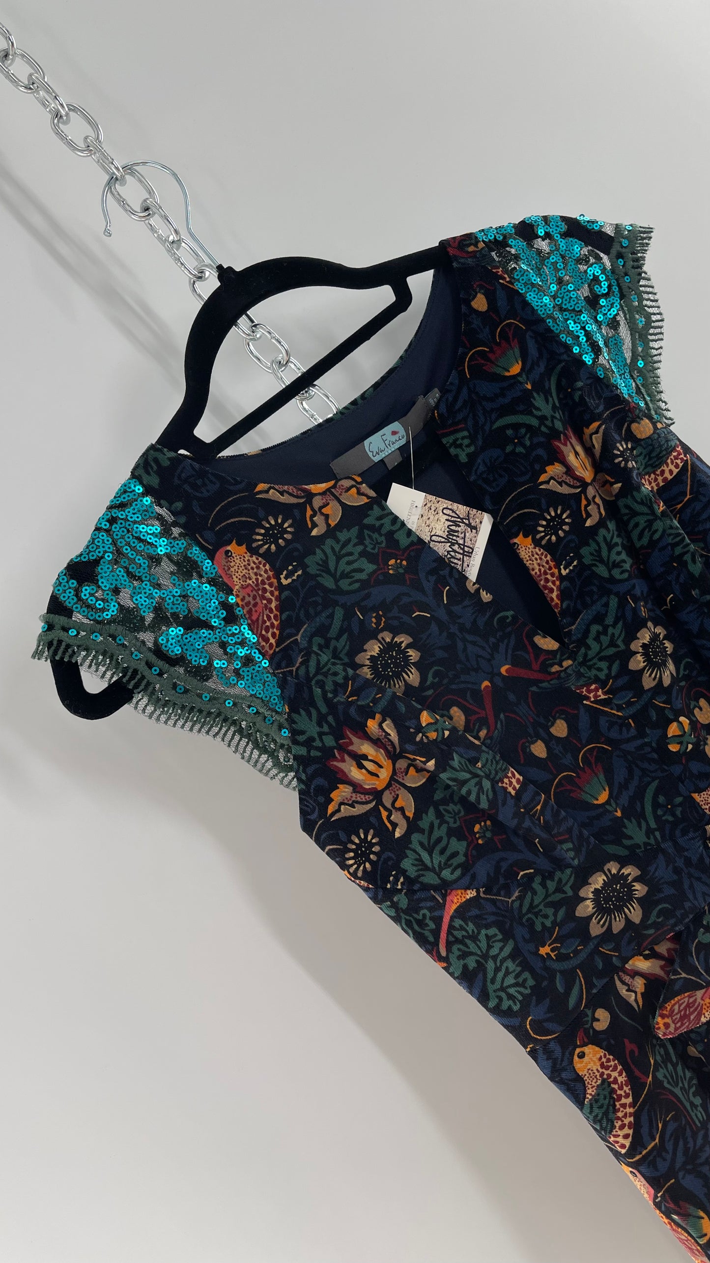 Anthropologie Eva Franco Corduroy Floral Bird Tapestry Print Dress with Sequin Cap Sleeves (4)