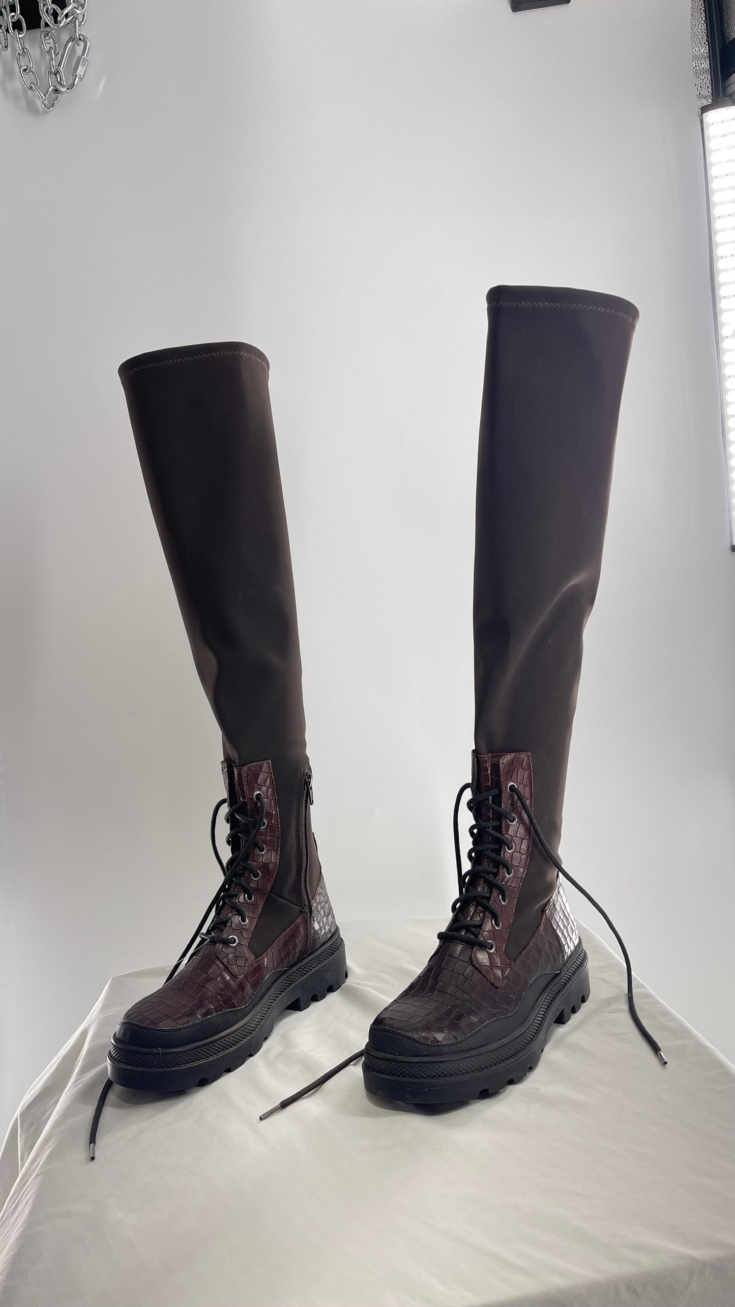 Free People Dark Brown Riding Style Embossed Knee High Platform Boots (39)