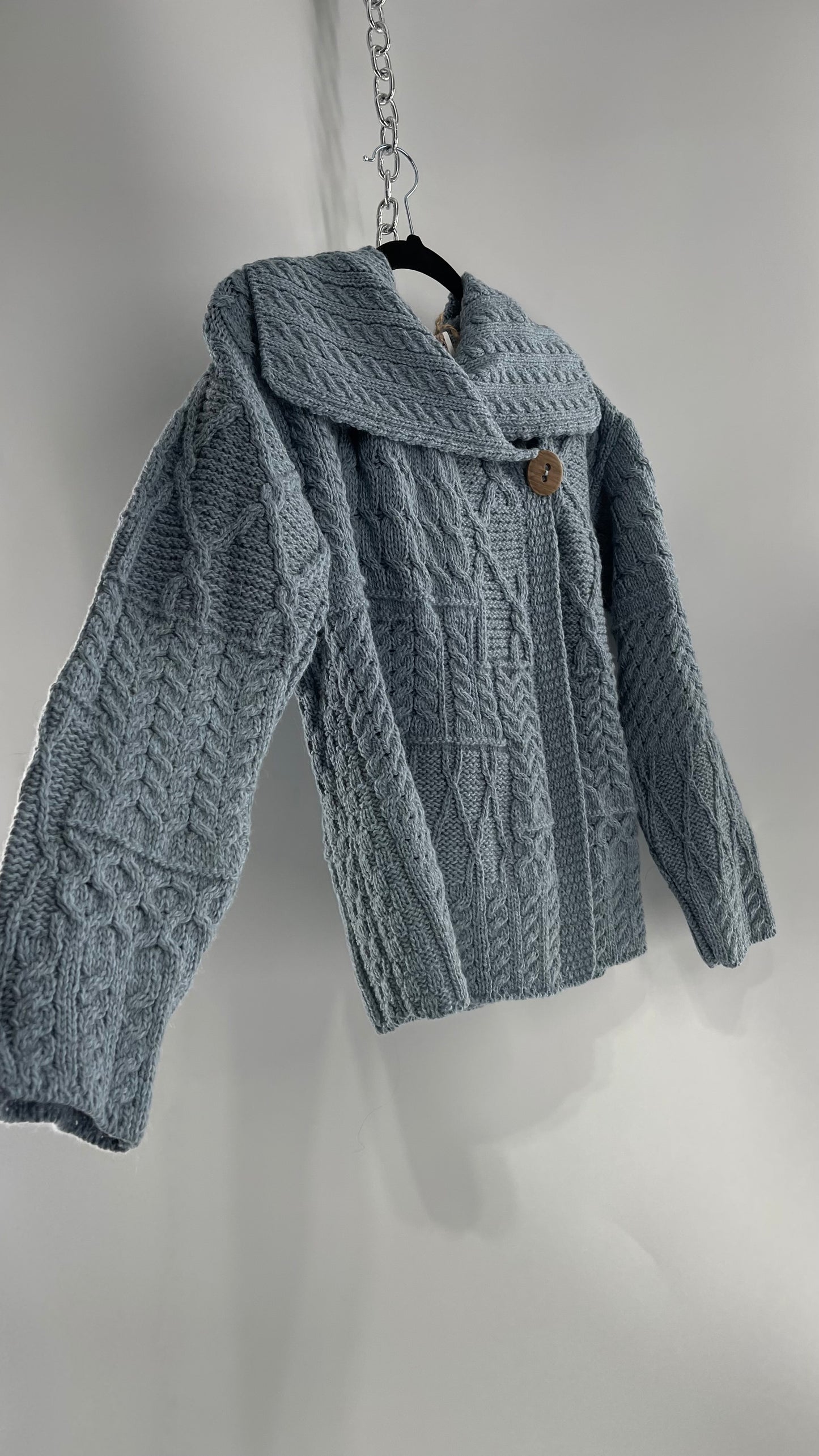 Authentic Irish Aran Sweater Market Slate Blue Aran Stitch Sweater with Oversized Wooden Button Detail and Certificate of Authenticity (Small)