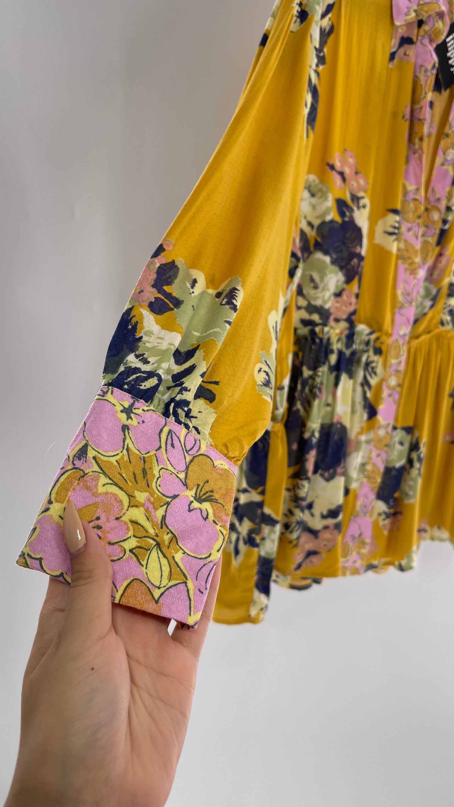 Free People Oversized Button Up Contrast Pattern Yellow Floral Blouse (XS)