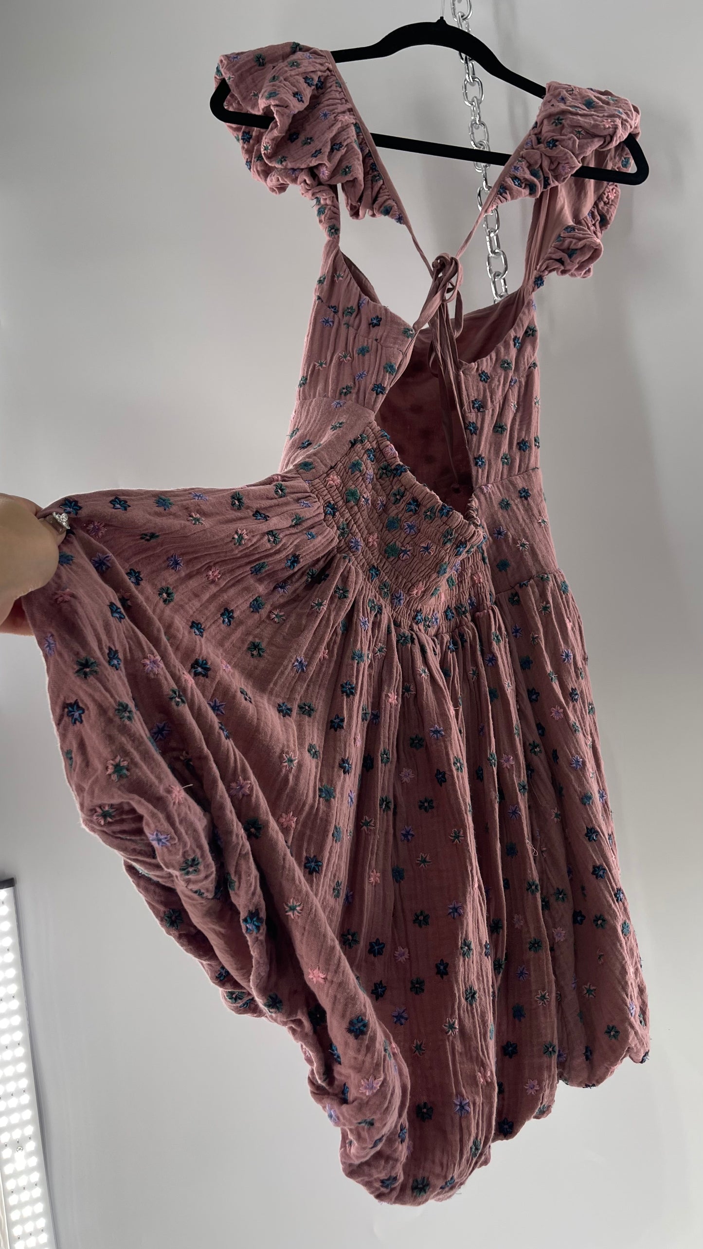 Free People Dusty Pink Embroidered Flowers Backless Mini Dress (Small)