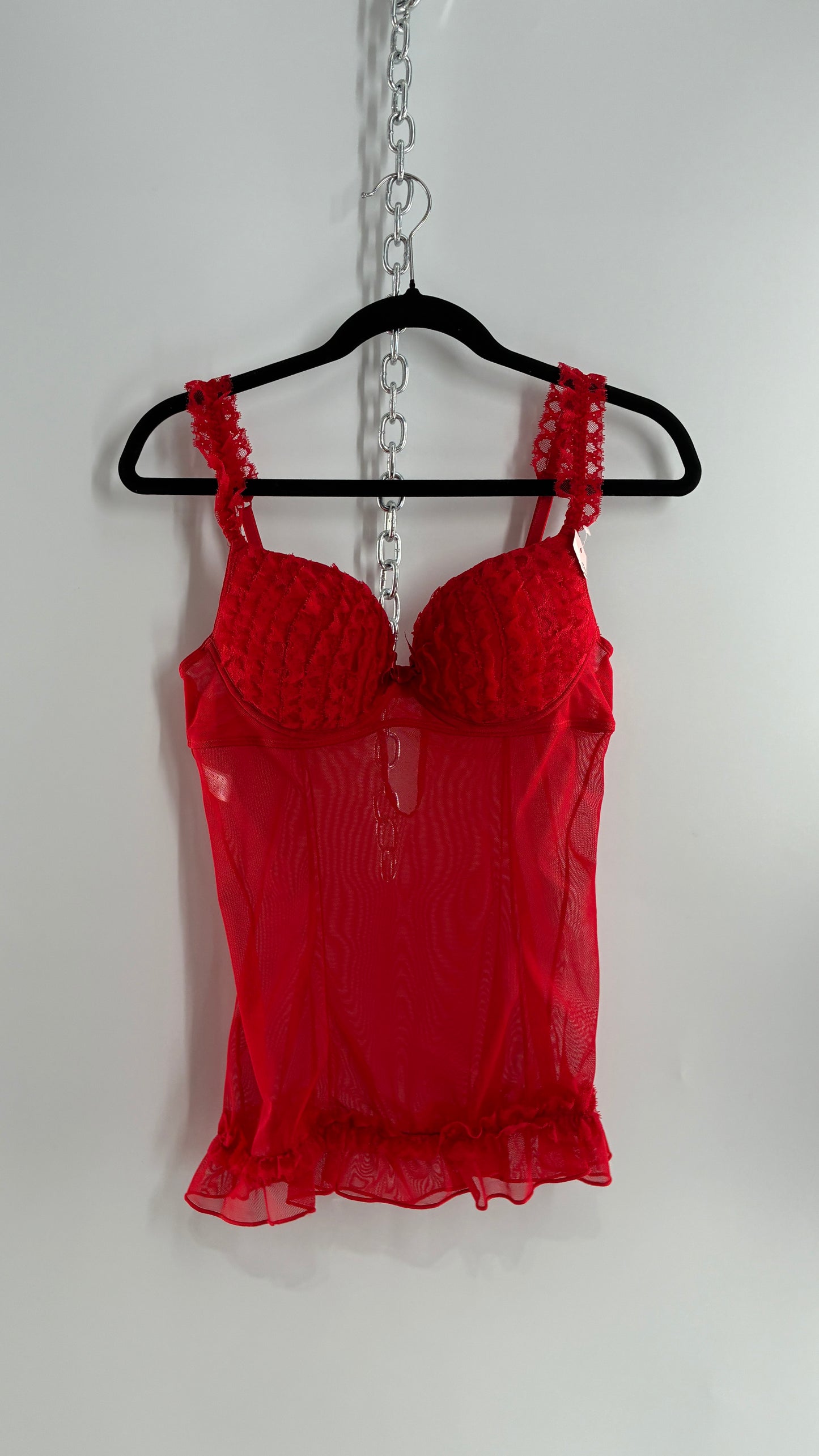 Deadstock Vintage Babydoll Bustier with Ruffled Cups, Lace Straps and Ruffled Lace Hem (34C)