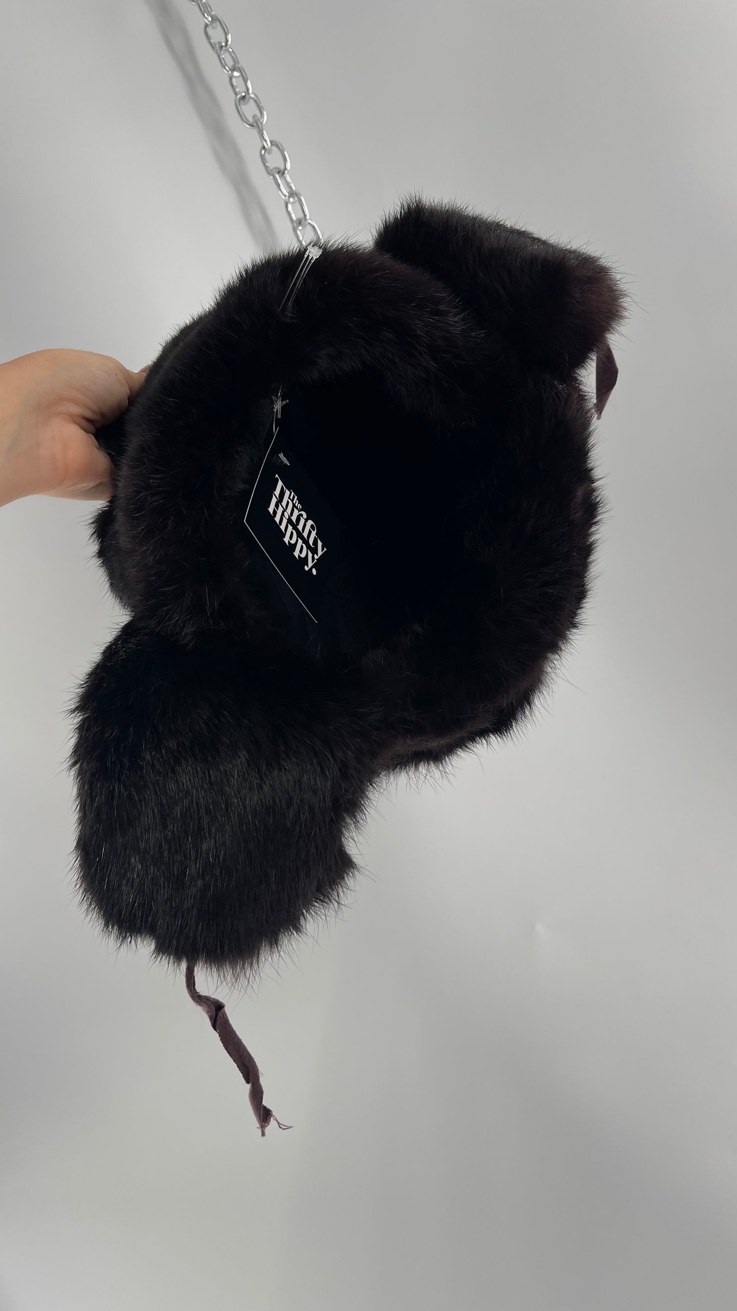 Vintage Russian Black Genuine Rabbit Fur Roller Hat with Pull Down Ear Muff Flaps