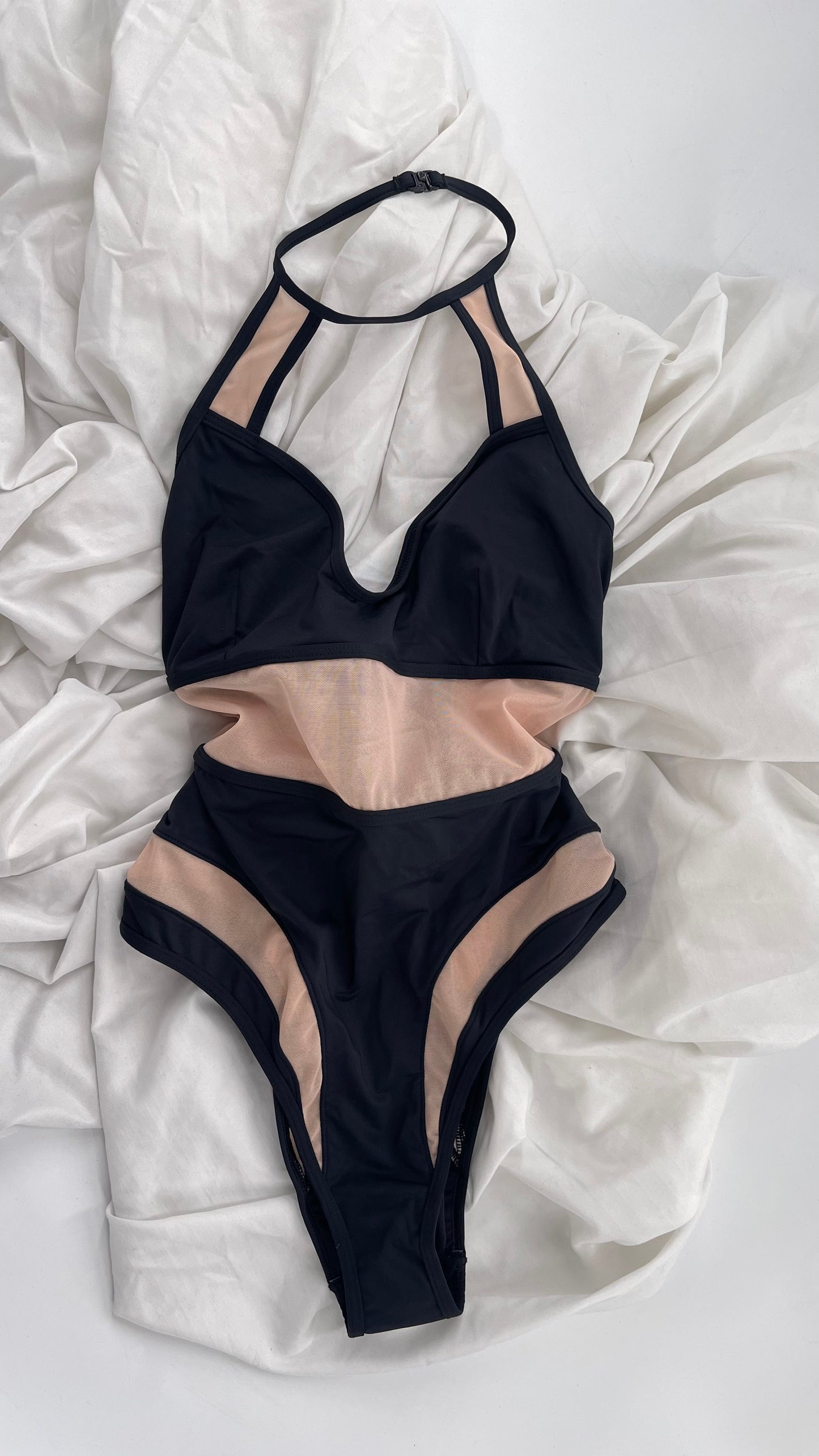 EVILTWIN Black Swimsuit with Mesh Cut Outs and Choker Neckline (Medium)