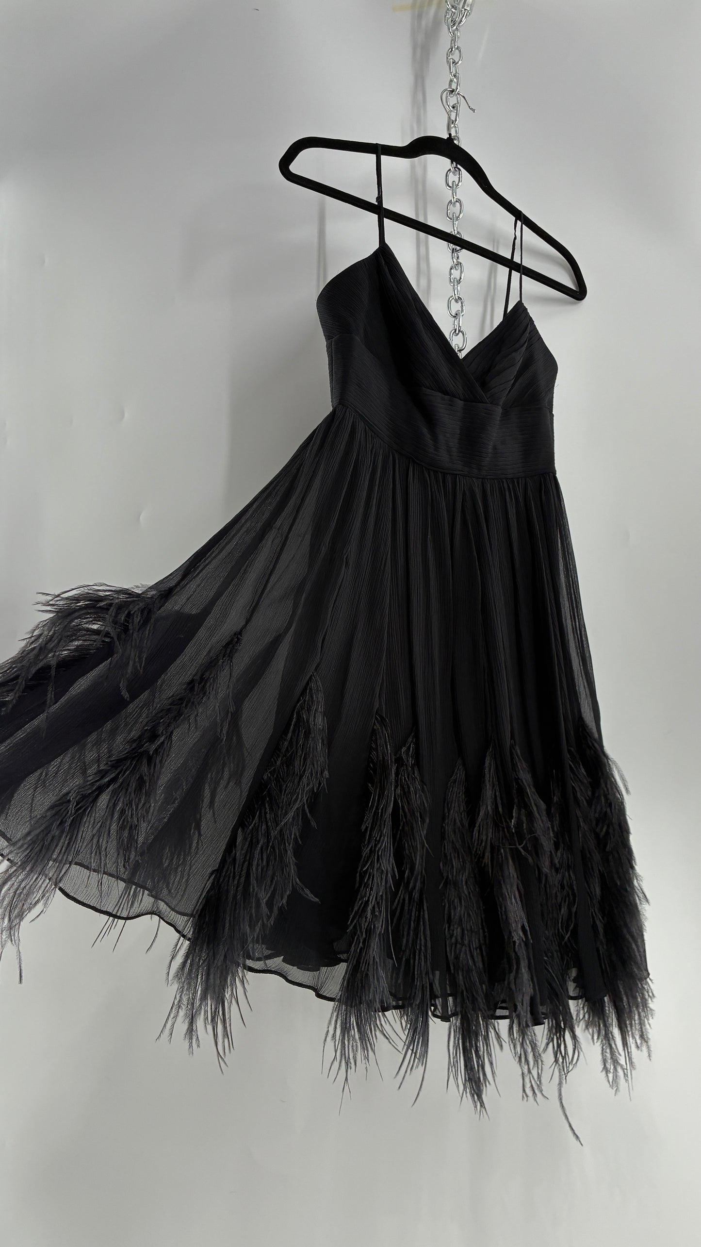 Vintage BCBGMAXAZRIA Crimped Black Dress with Ostrich Feather Details (6)