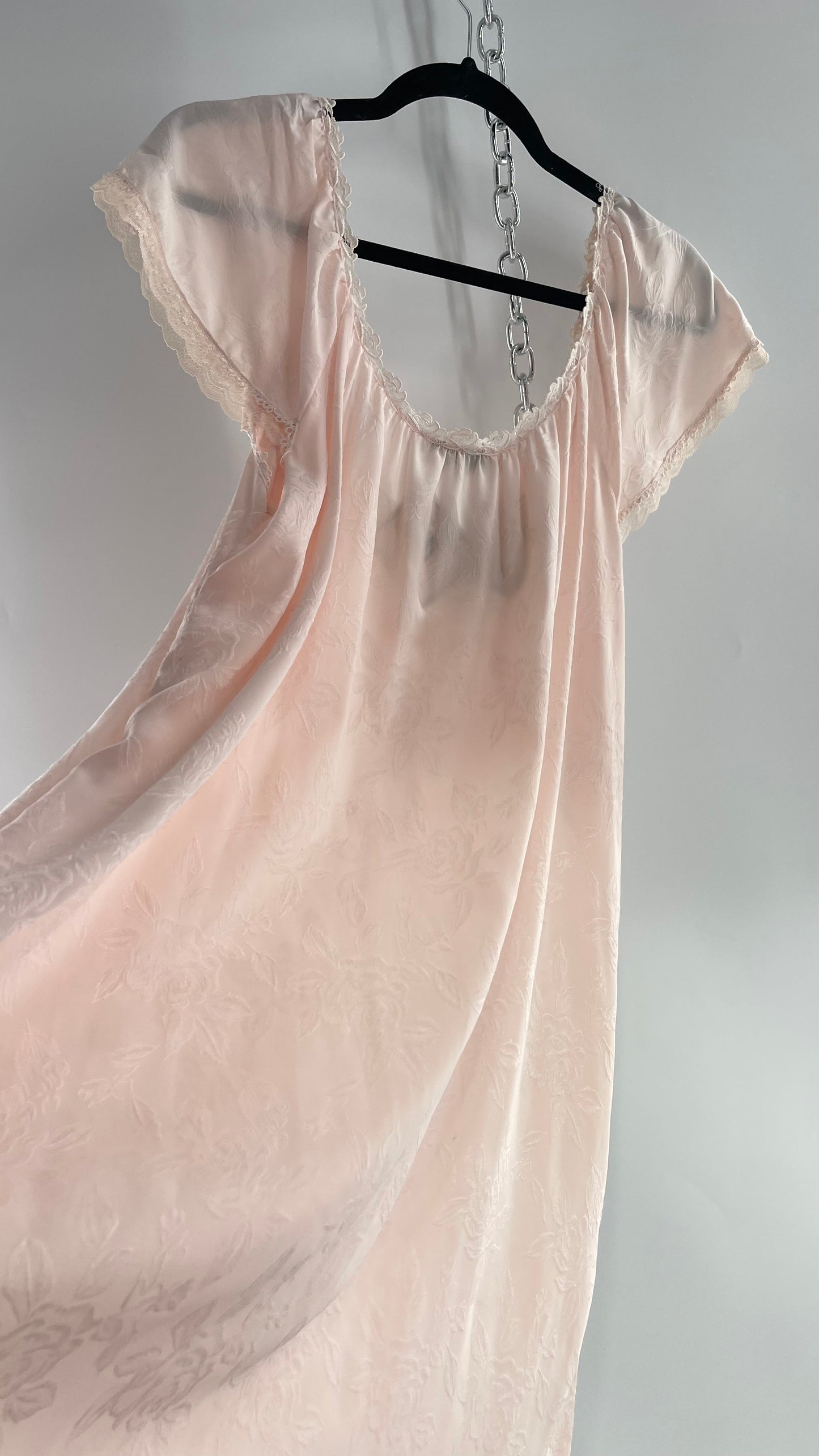 Vintage Christian Dior Pink Night Gown/ Maxi Dress with Floral Embossed Design, Lace Trim and Rosettes (Large)