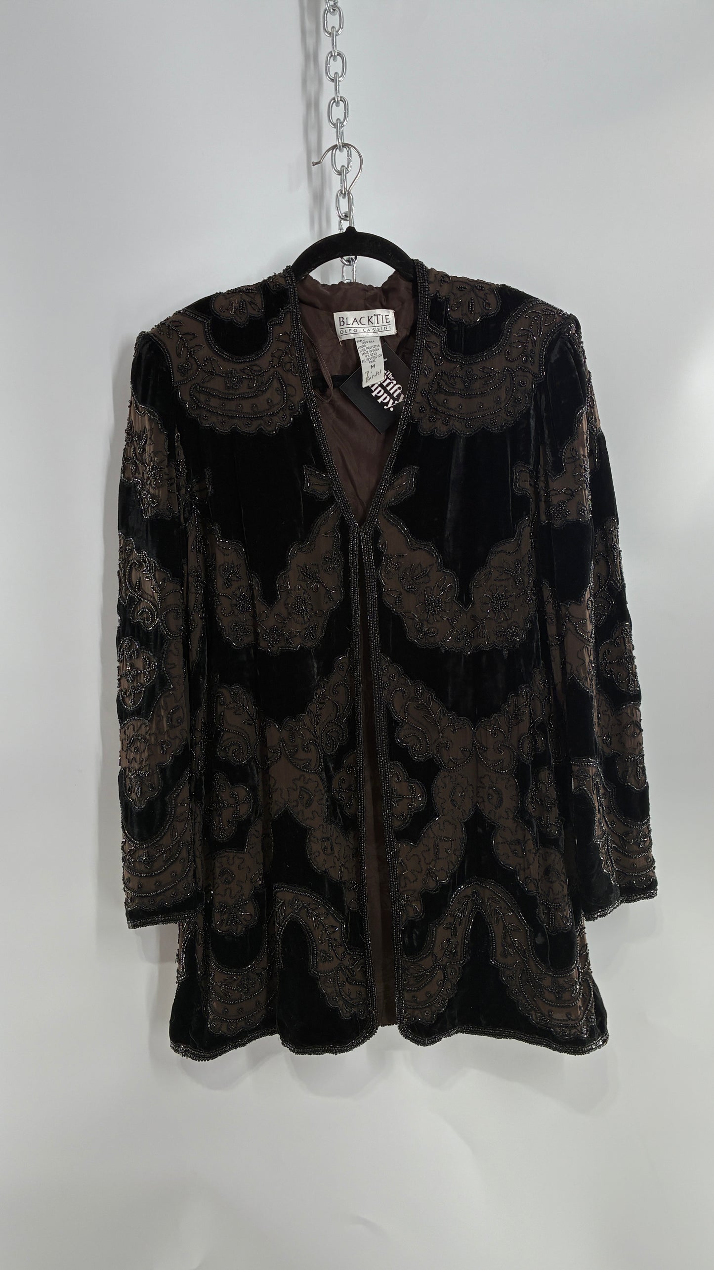 Vintage OLEG CASINI 100% Silk Velour Heavily Beaded Coat (Medium)