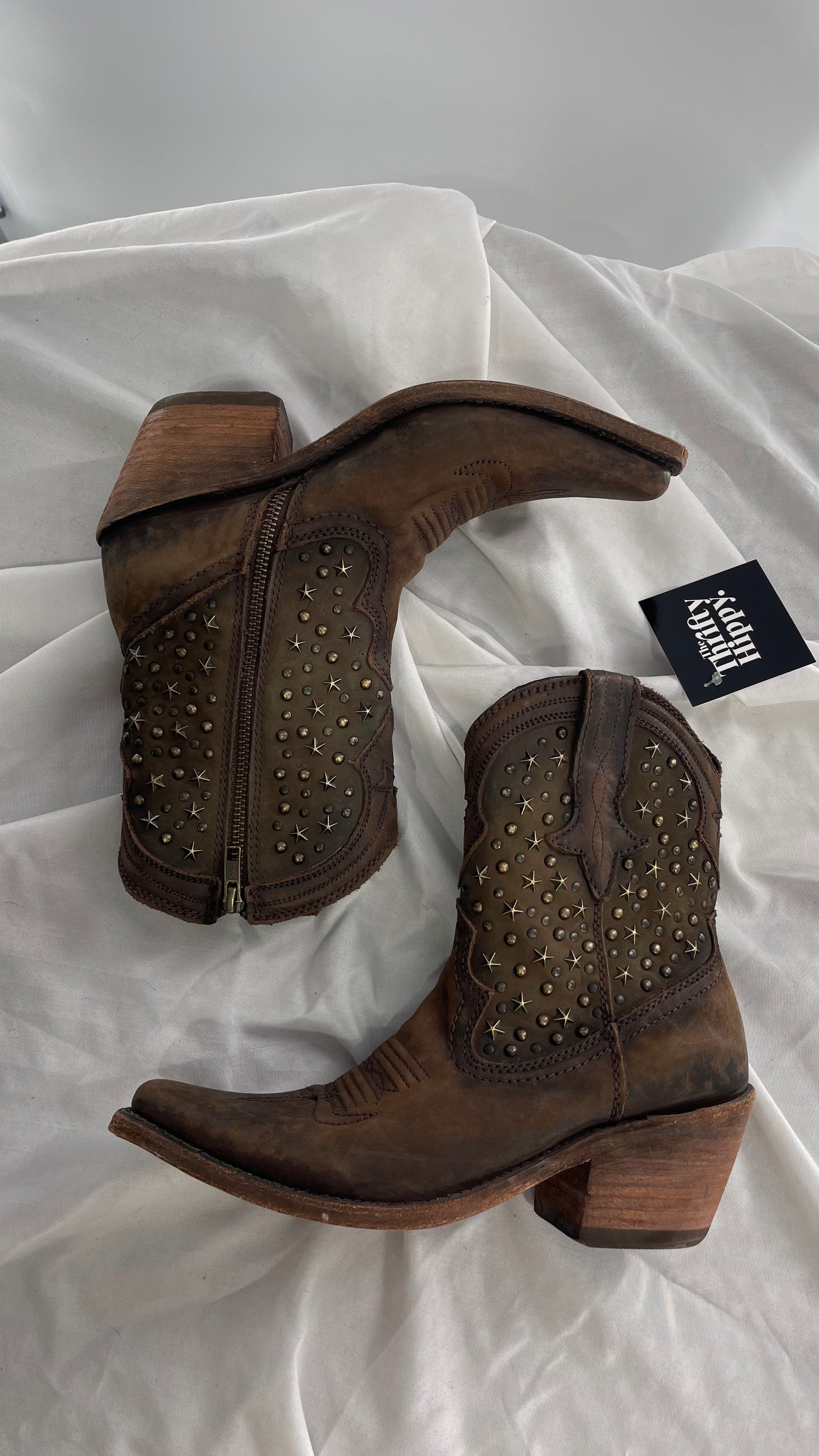 LIBERTY BLACK Handmade in Mexico Leather Cowboy Boots with Star Studs (7.5)