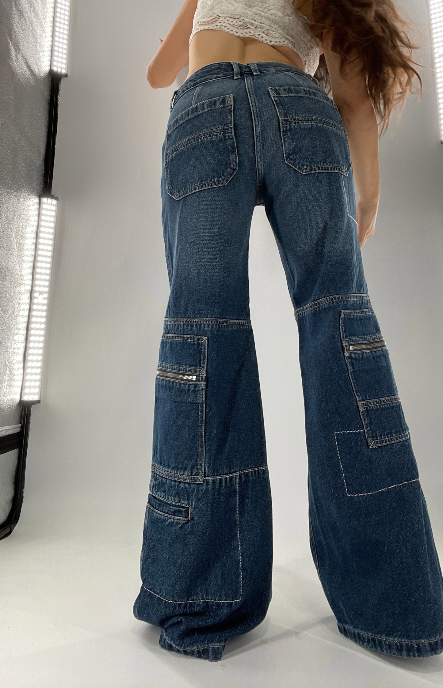 Free People Medium Wash Baggy Straight Legs Jeans Covered in Zippers, Pockets, Stitching (28)