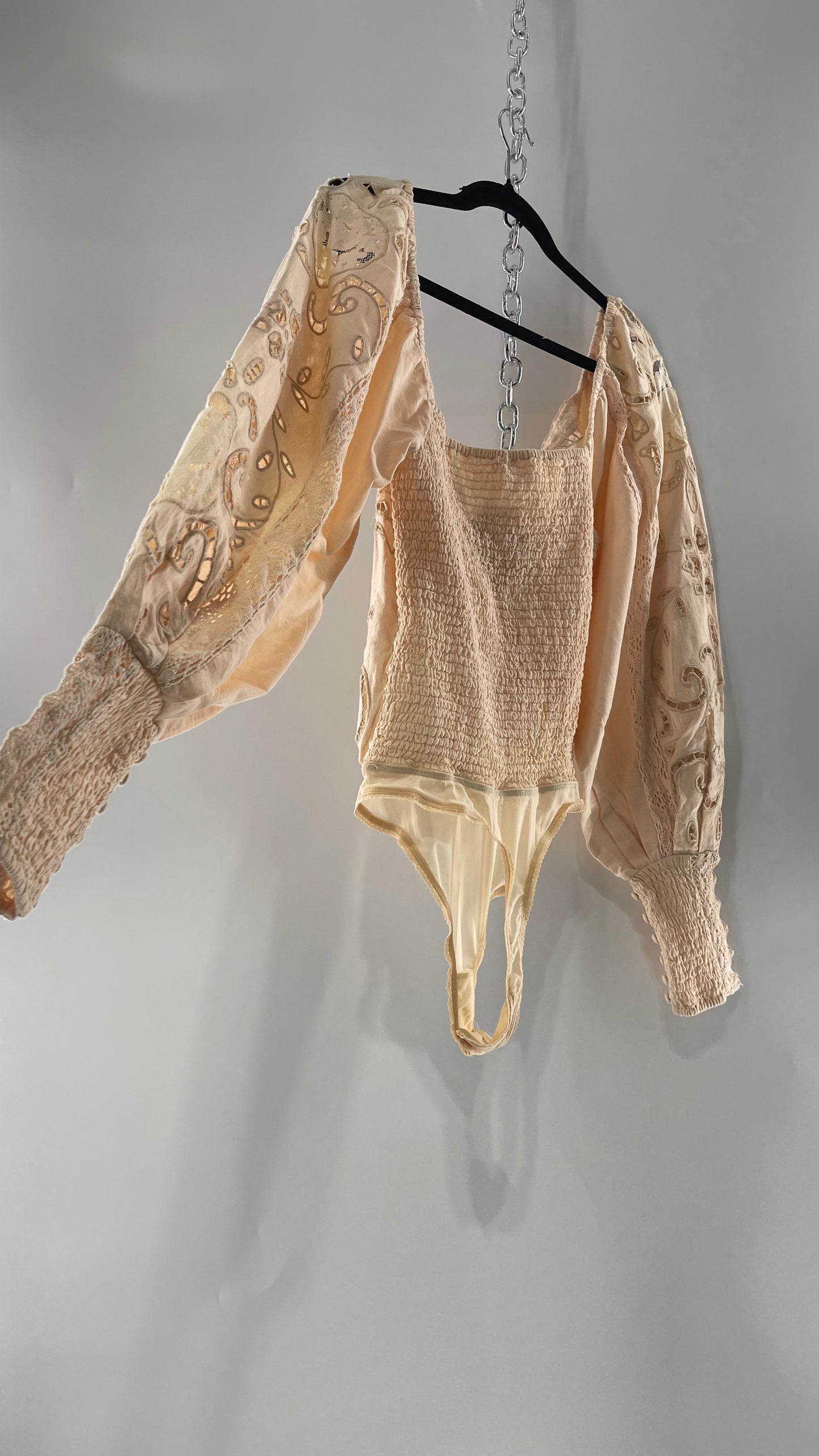 Free People Off White Cotton Bodysuit with Embroidered Lace Balloon Bishop Sleeve and Smocked, Buttoned Cuffs (Large)