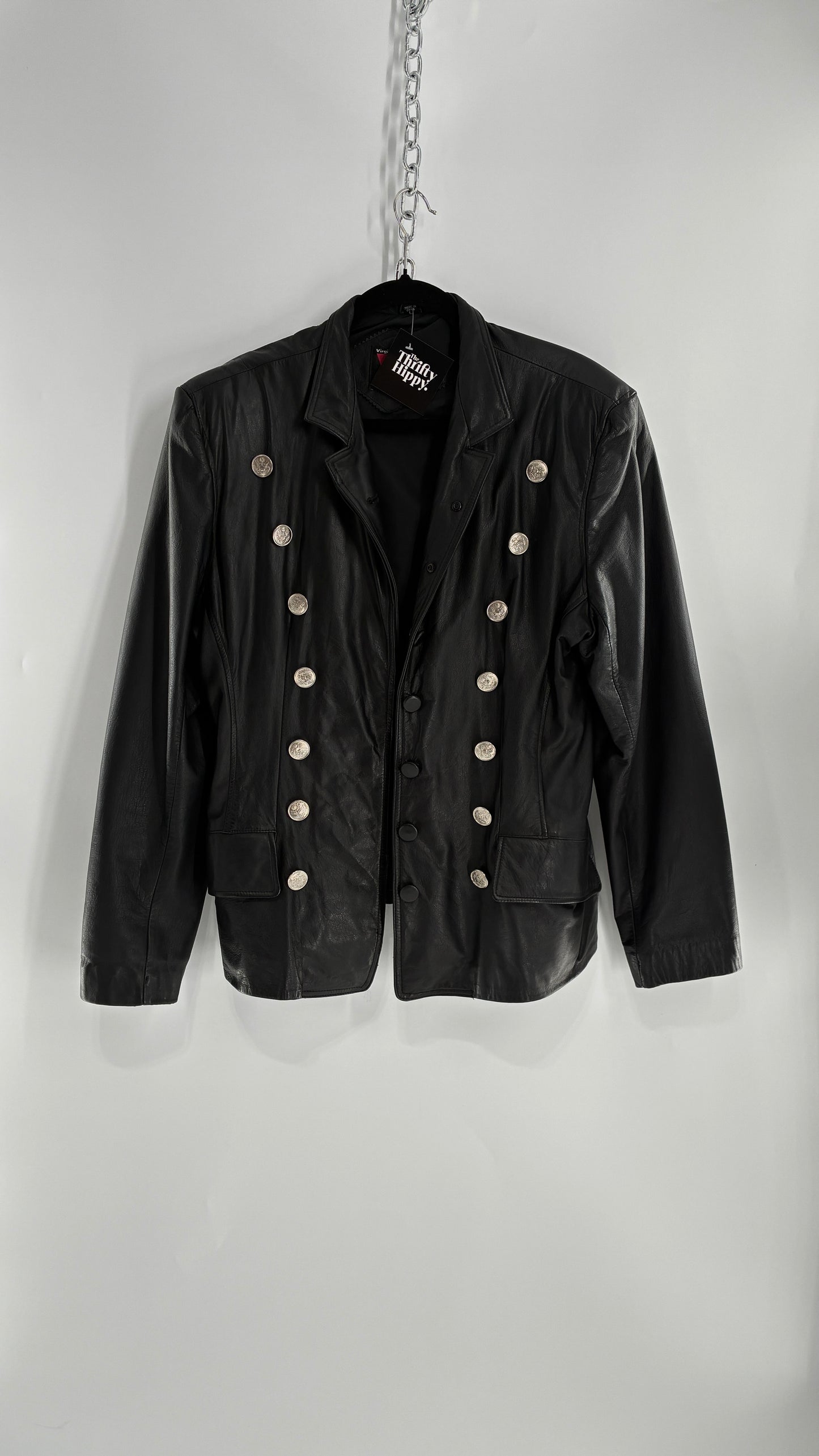 Vintage Virginia Slims Black Genuine Leather Military Jacket with Double Breasted Embossed Buttons (Large)