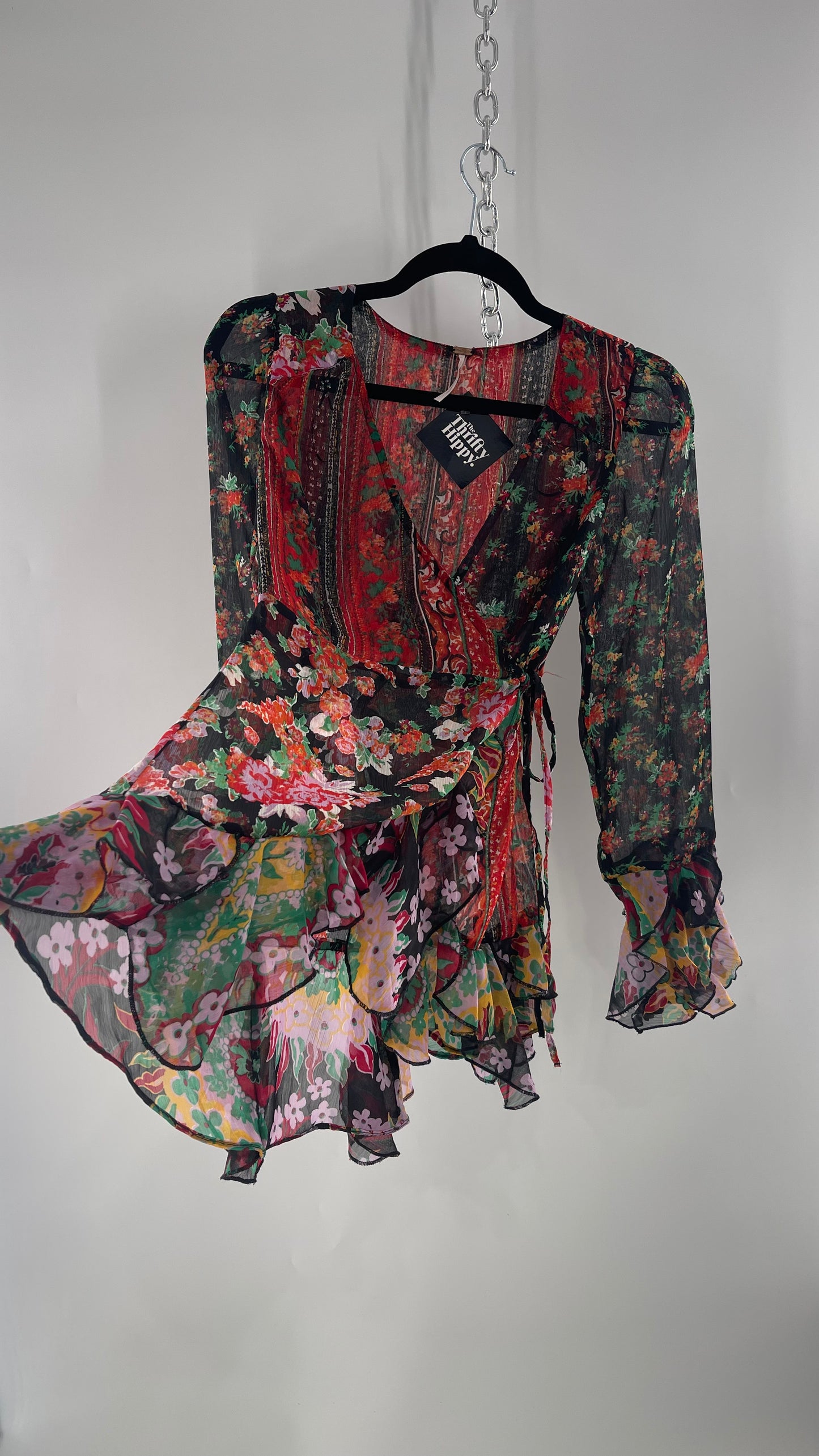 Free People Black Colorful Floral Tie Front Blouse with Ruffled Sleeves and Hem(XS)