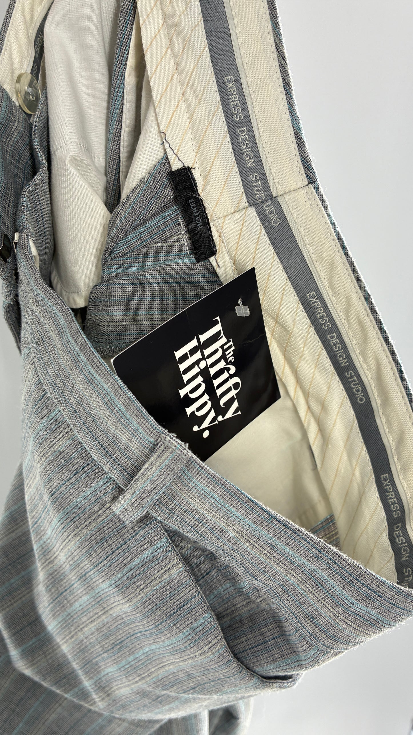 Vintage 1990s EXPRESS Editor Iconic Grey and Blue Low Rise Kickflare Pants (1)