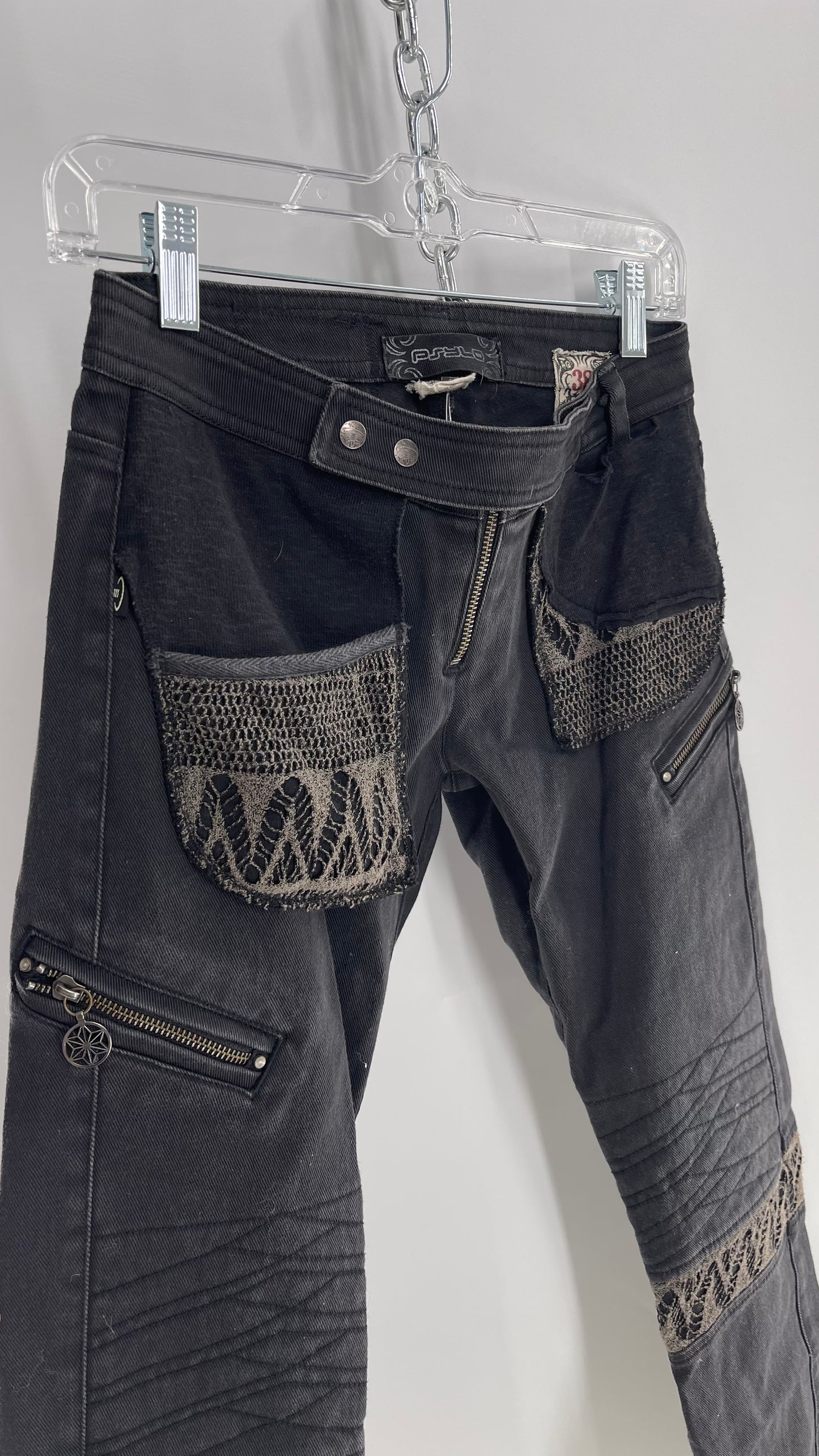 Vintage Rare PSYLO 1990s Low Rise Kick Flare Jeans with Studs, Lace and Hardware (38/28)