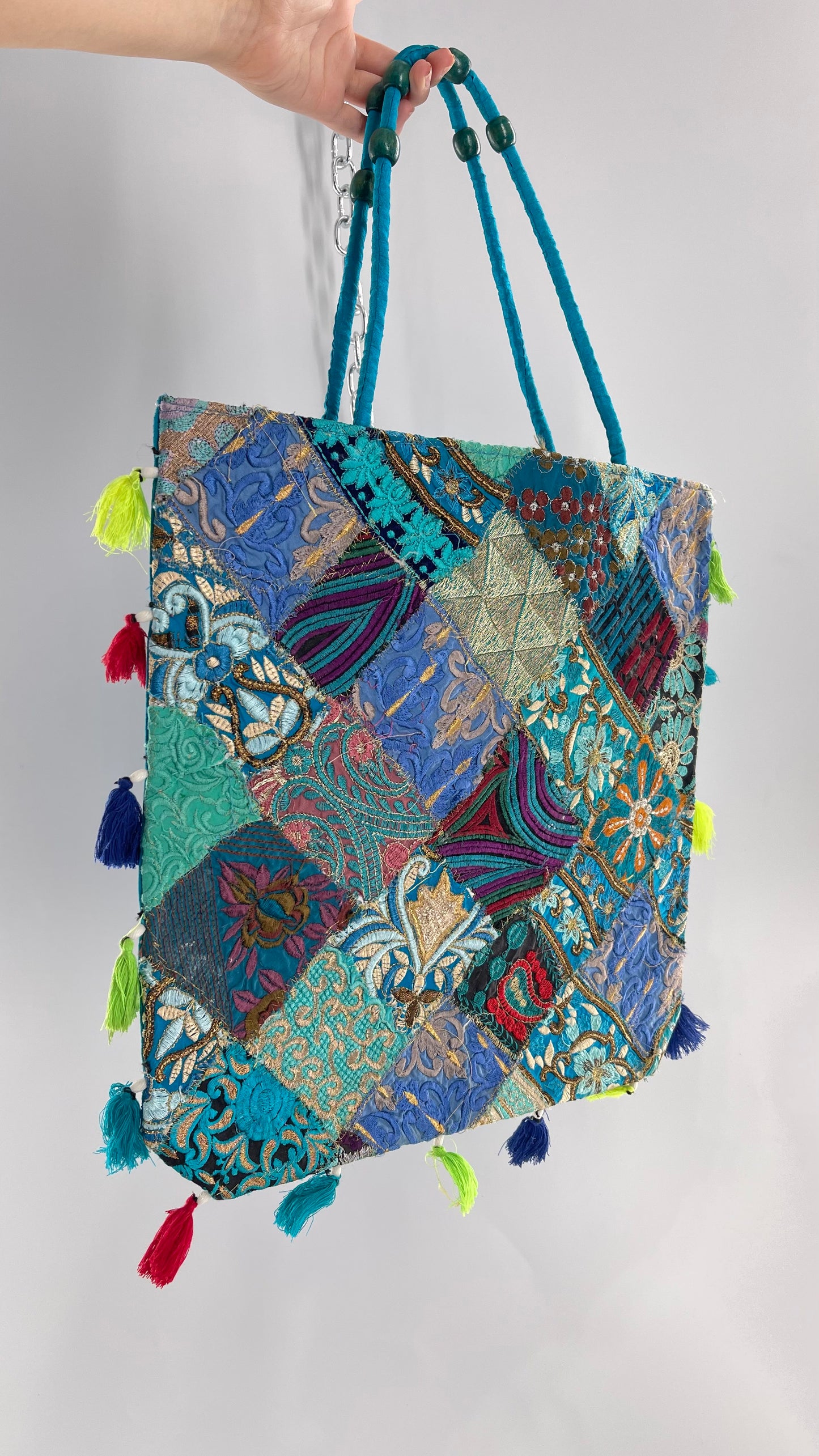 Imported Blue Patchwork Tote from Brazil with Tassel Detailing