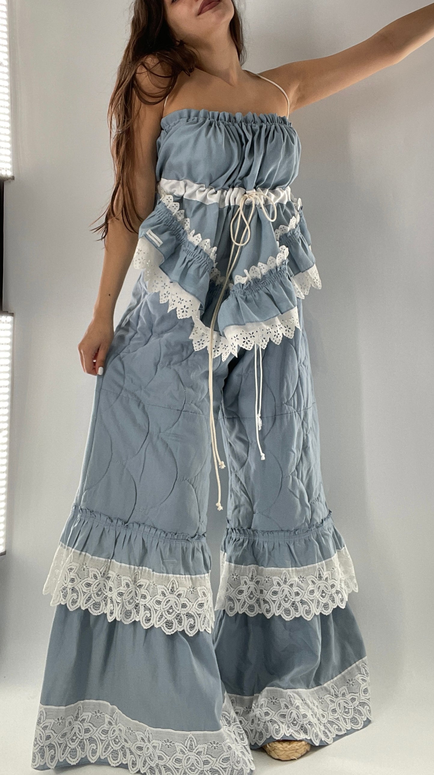 Vintage 2 Piece Powder Blue Set Featuring 2Way Blouse and Quilted Trousers Covered in Ruffles, Lace and Trim (One Size)