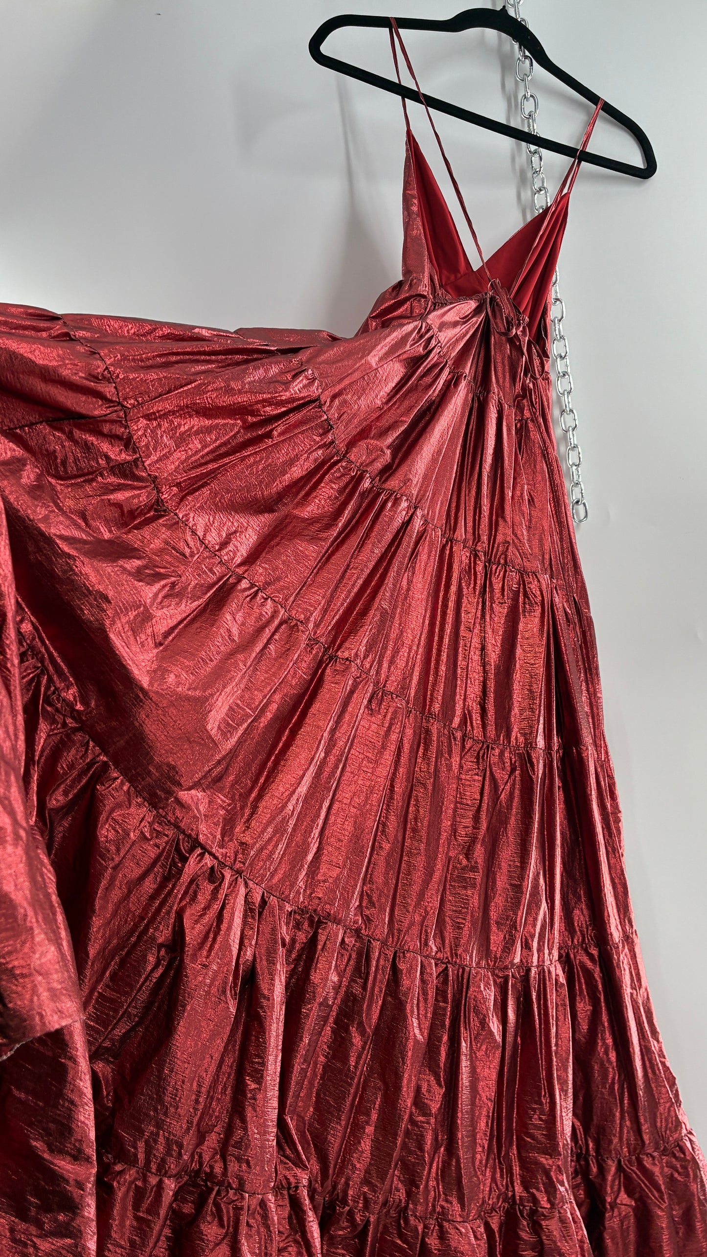 HUTCH Red Metallic Tiered Voluminous Maxi Gown (XS)