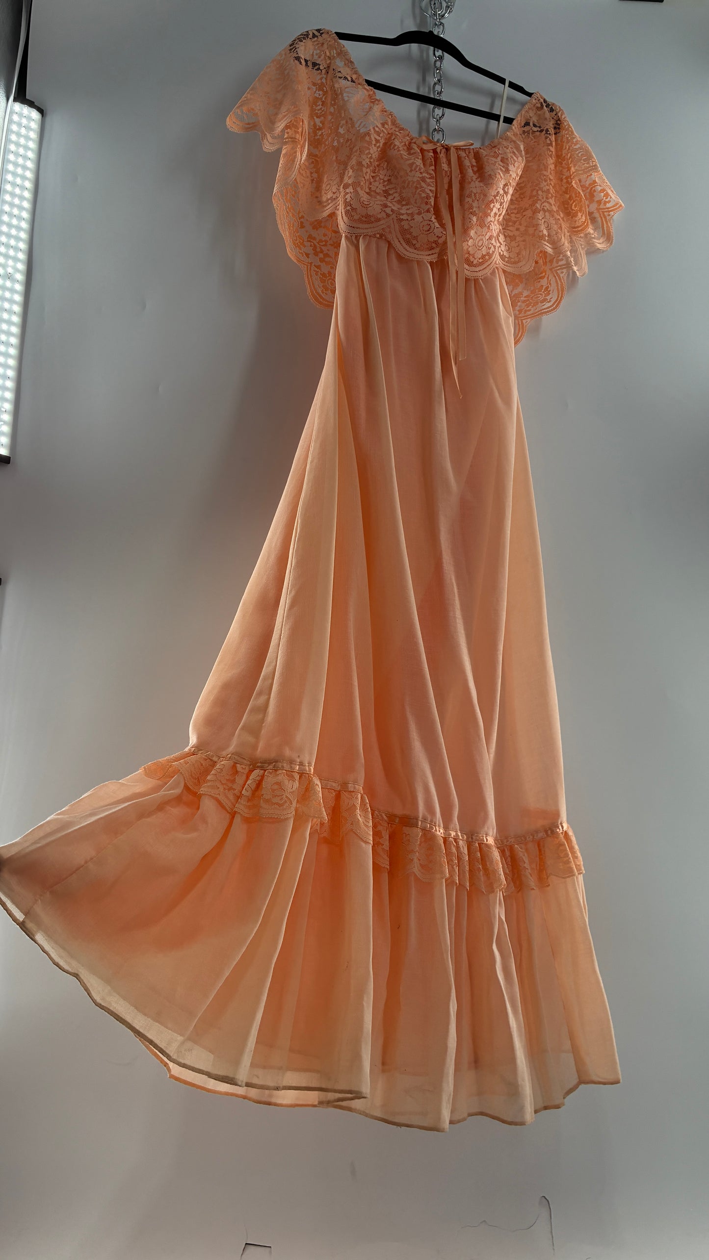 Vintage 1960s Ruffled Off the Shoulder Peach Full Length Voluminous Gown with Tie Back (9/10)