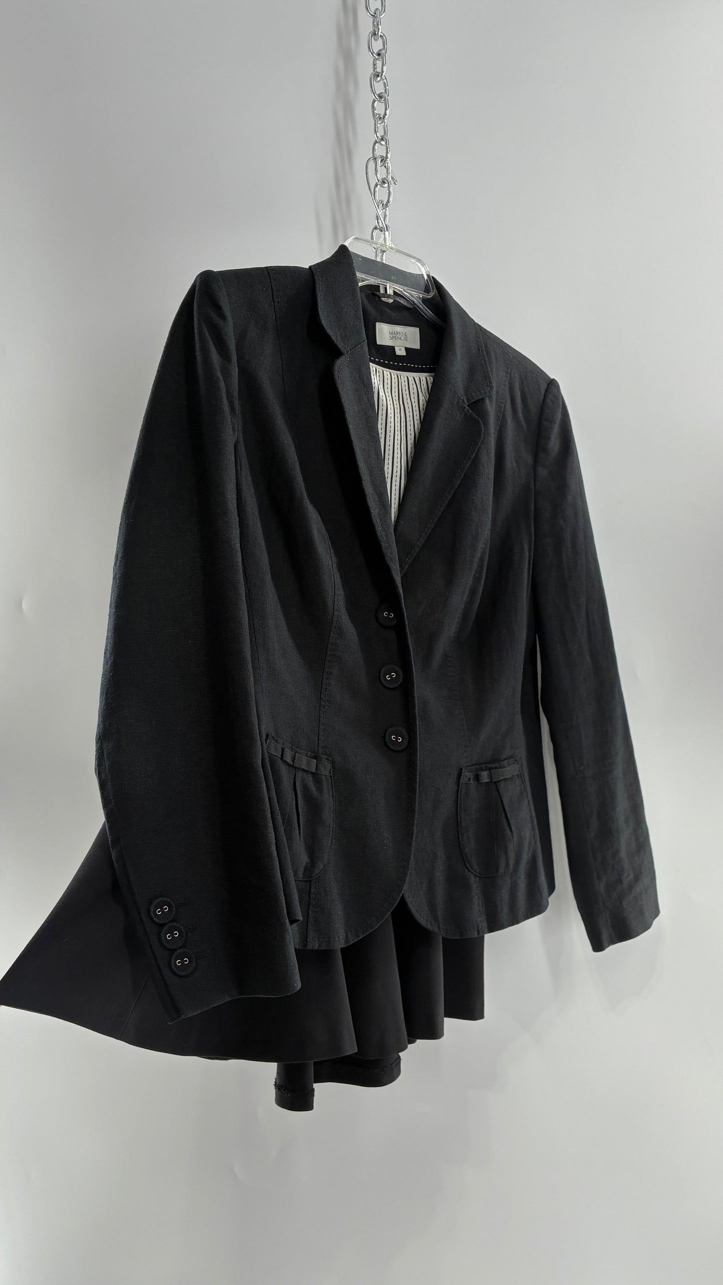 Vintage MARKS & SPENCER Suit Set with Black Linen Blend Blazer and Upcycled Mini Skirt with Corset Backing (14/M)