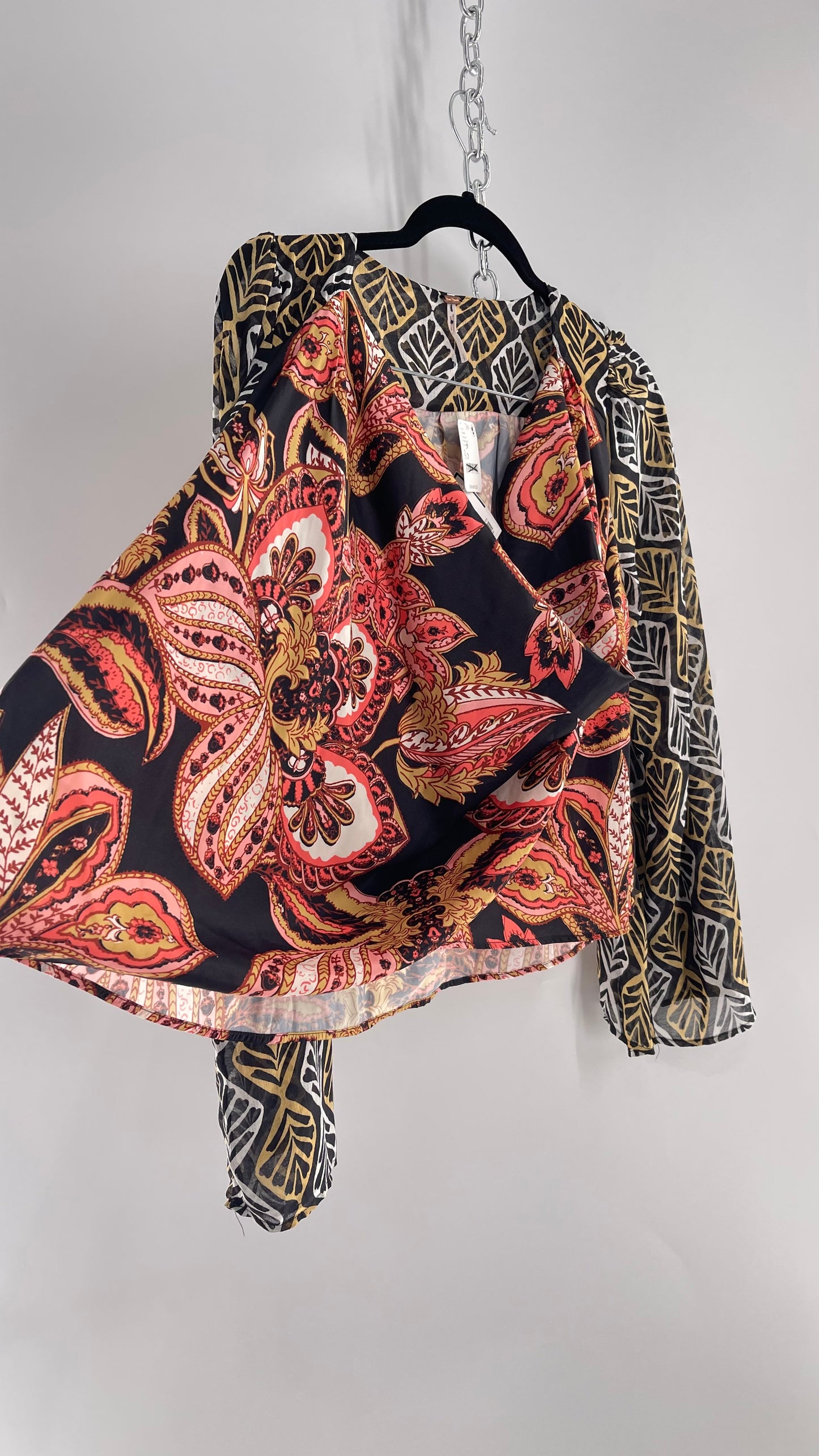 Free People Paisley Bodice Blouse with Sheer Contrast Sleeves, Draping Neckline and Tags Attached (Small)