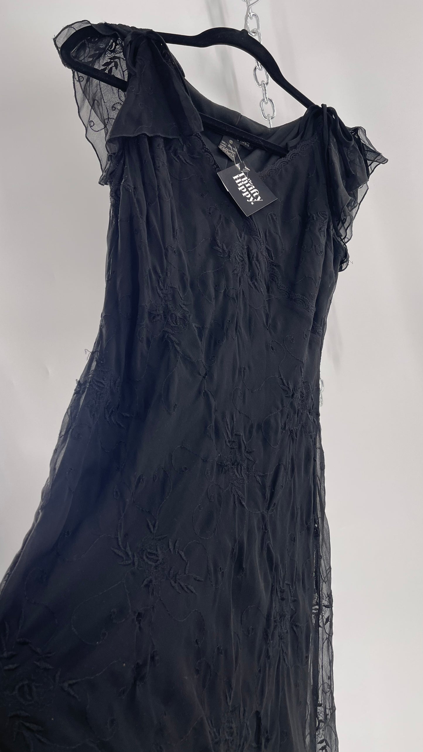 Vintage Jonathan Martin 100% Silk Black Embroidered MIDI Dress with Tie Shoulder Detail (10)