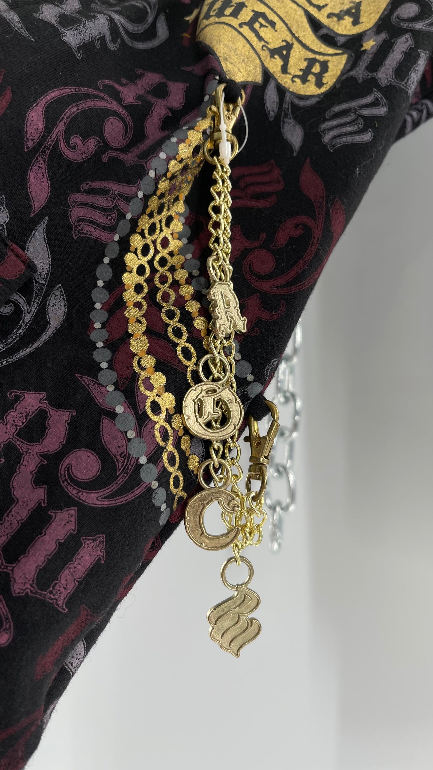 Vintage All Over Rocawear Logo Zip Up Hoodie with Gold Charm Chain and Silky Hood (XS/S)